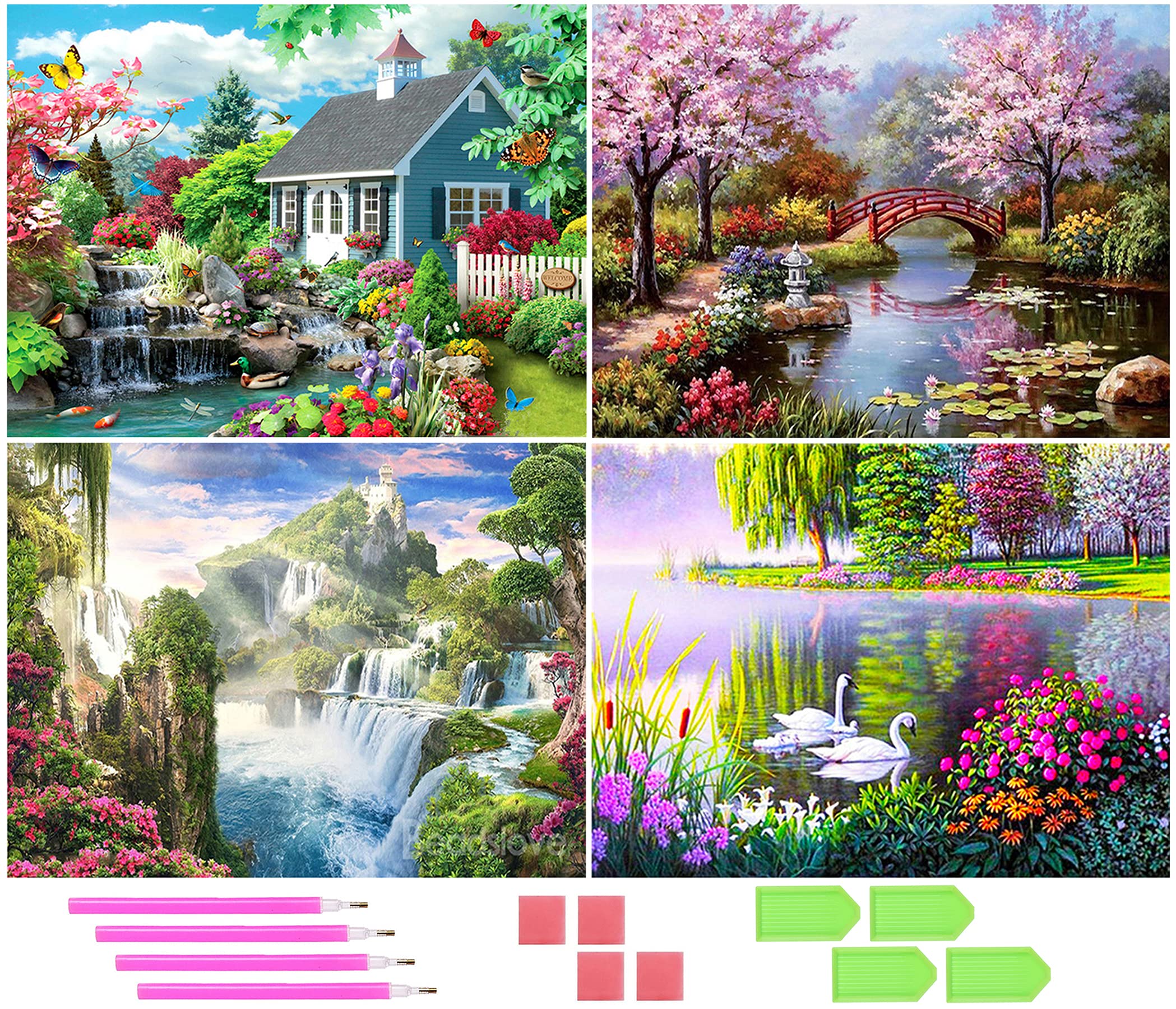 MAMUNU4 Pack 5D Diamond Painting Kits for Adults, Full Drill Embroidery Crystal Rhinestone Embroidery Diamond Arts Craft for Adults Kids (Scenery)