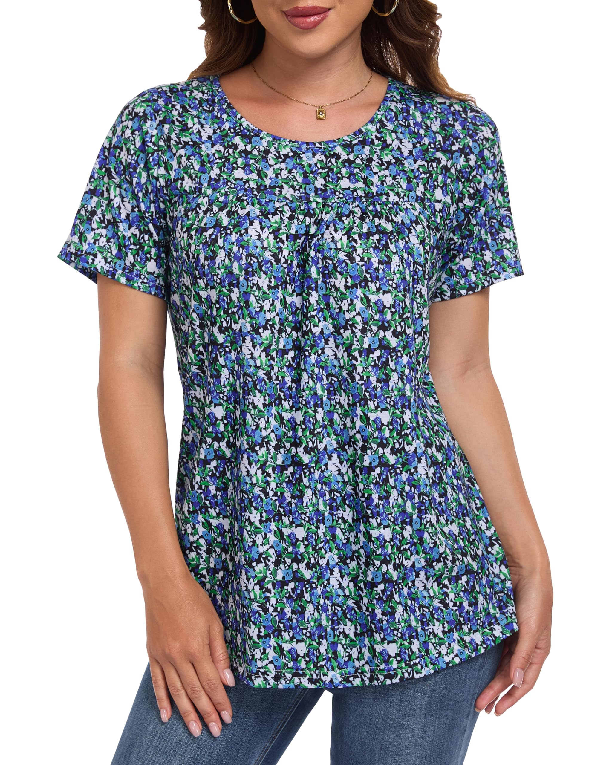 Womens T Shirts Short Sleeve Tops Casual Pleated Front Blouses Flowy Scooped Neck Summer Outfits