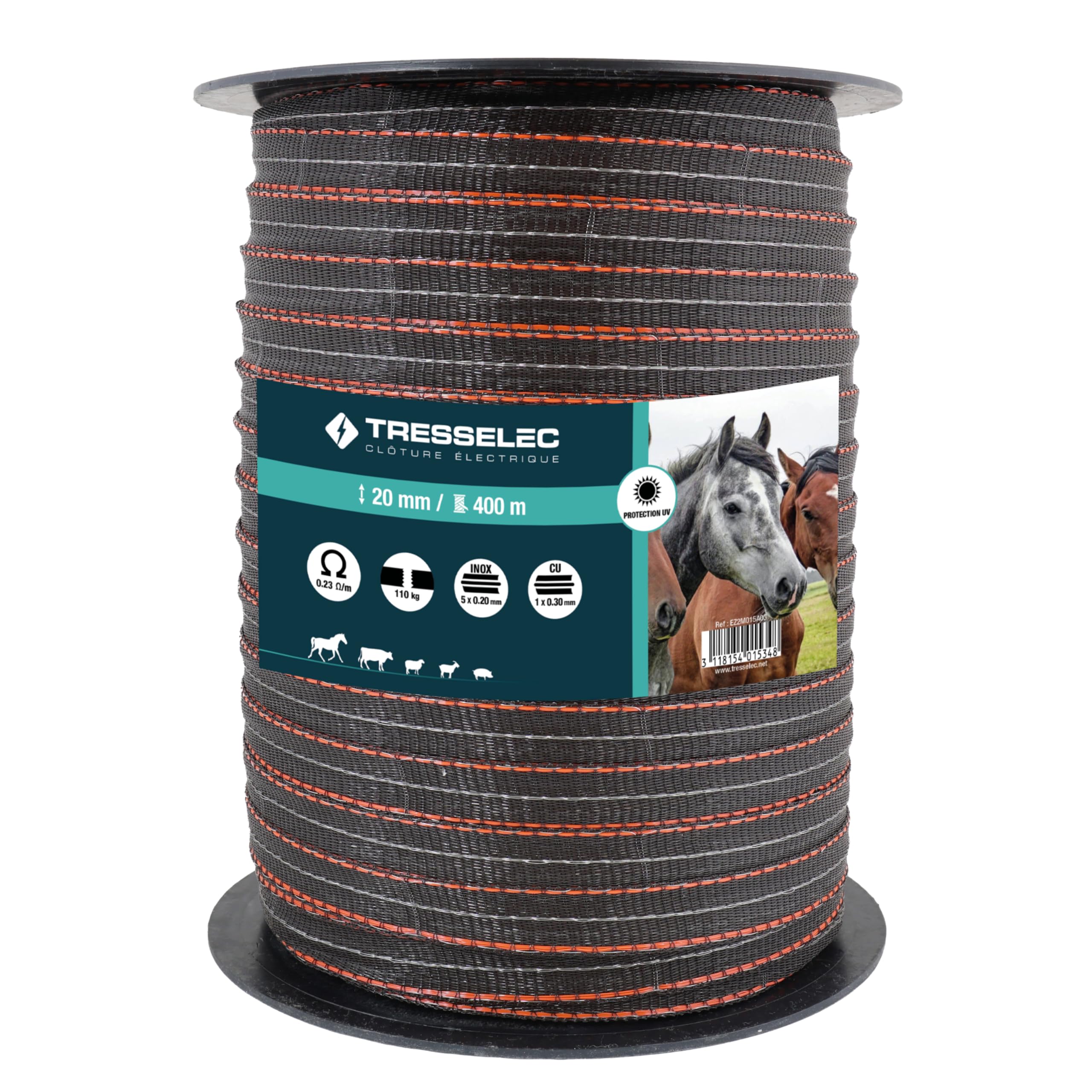Ruban ZZ 20mm - Clôture électrique pour animaux (vache, chèvre, mouton, cheval) - Bobine de 400m - 5 fils inox diamètre 0,20mm et 1 fil cuivre diamètre 0,30mm