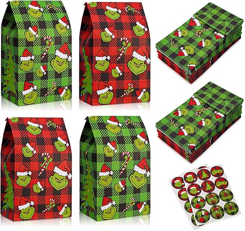 AnyDesign 48 bolsas de papel de Navidad con diseño de búfalo rojo, verde y negro, bolsas de regalo de personajes de dibujos animados de Navidad,