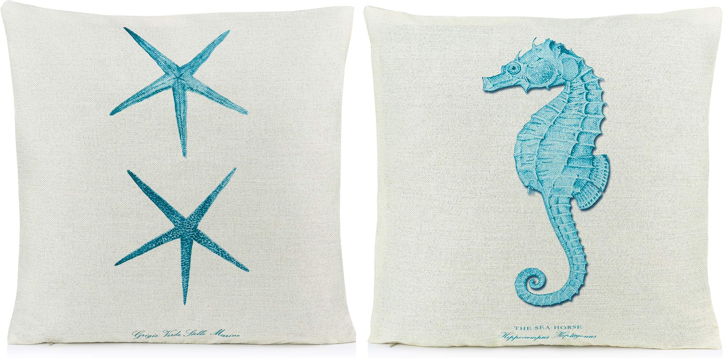 Beach Pillows Decorative Throw Pillows |Coastal Throw Pillows Covers 2 Pack 18 x 18 Inch| Beach Theme Couch Pillow Covers with Starfish & Seahorse