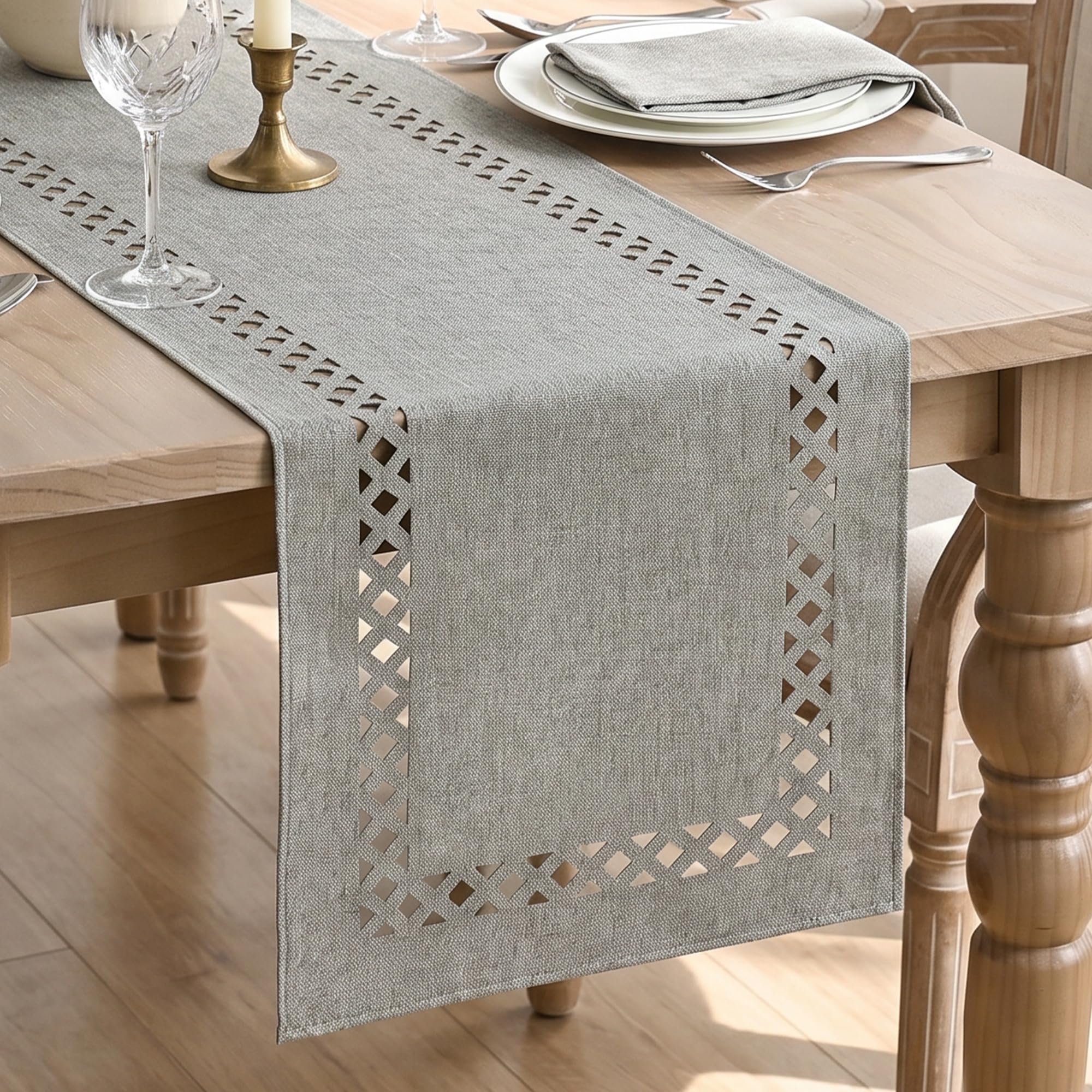 Artoid Mode Light Grey Geometric Hollow Linen Table Runner 40x140 cm — image 1