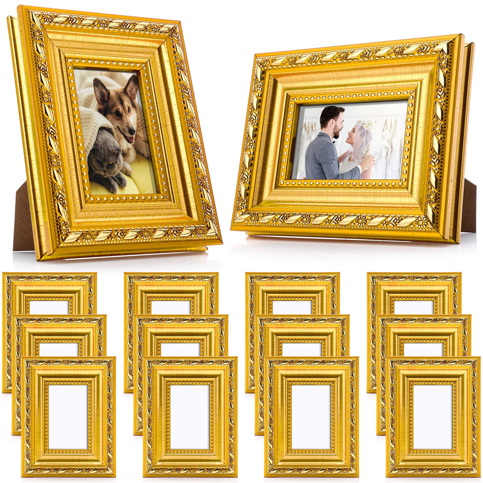 12 Pcs 2 x 3 Inch Small Gold Picture Frames Bulk Mini Vintage Antique Ornate Retro Baroque Photo Frames with Backboard for Wall Hanging Tabletop Home Decor Wedding Christmas Display