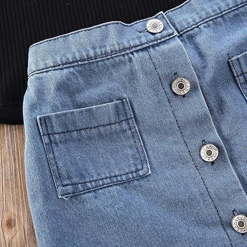 Miniatura 6 de Conjunto de ropa de verano con volantes y hombros descubiertos y pantalones cortos de mezclilla para niñas pequeñas