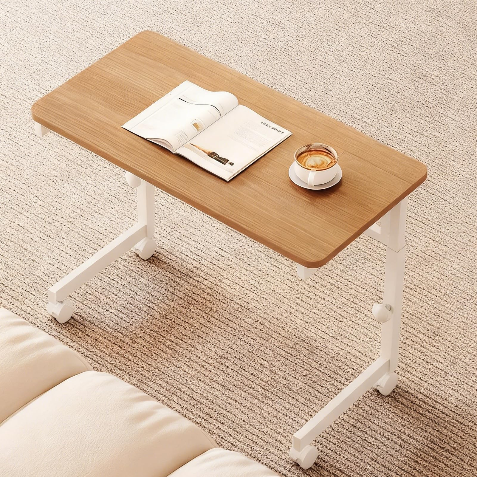 Table de lit réglable avec roulettes et plateau jaune de 80 cm ergonomique
