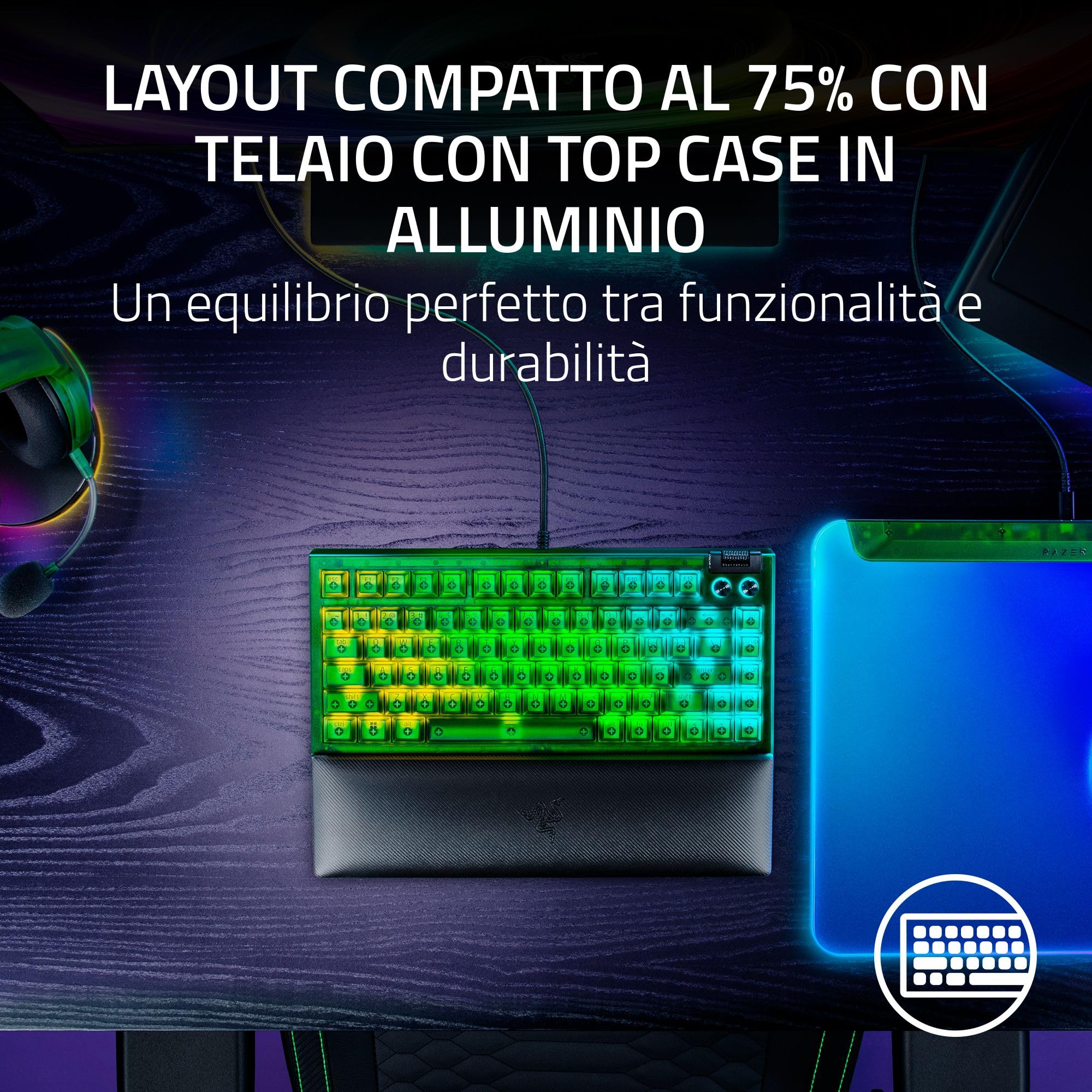 Razer BlackWidow V4 75% Phantom Green Edition - Tastiera meccanica da gioco Hot-swap (interruttori tattili arancioni, rullo multimediale con 2 pulsanti) Layout US | Phantom Green