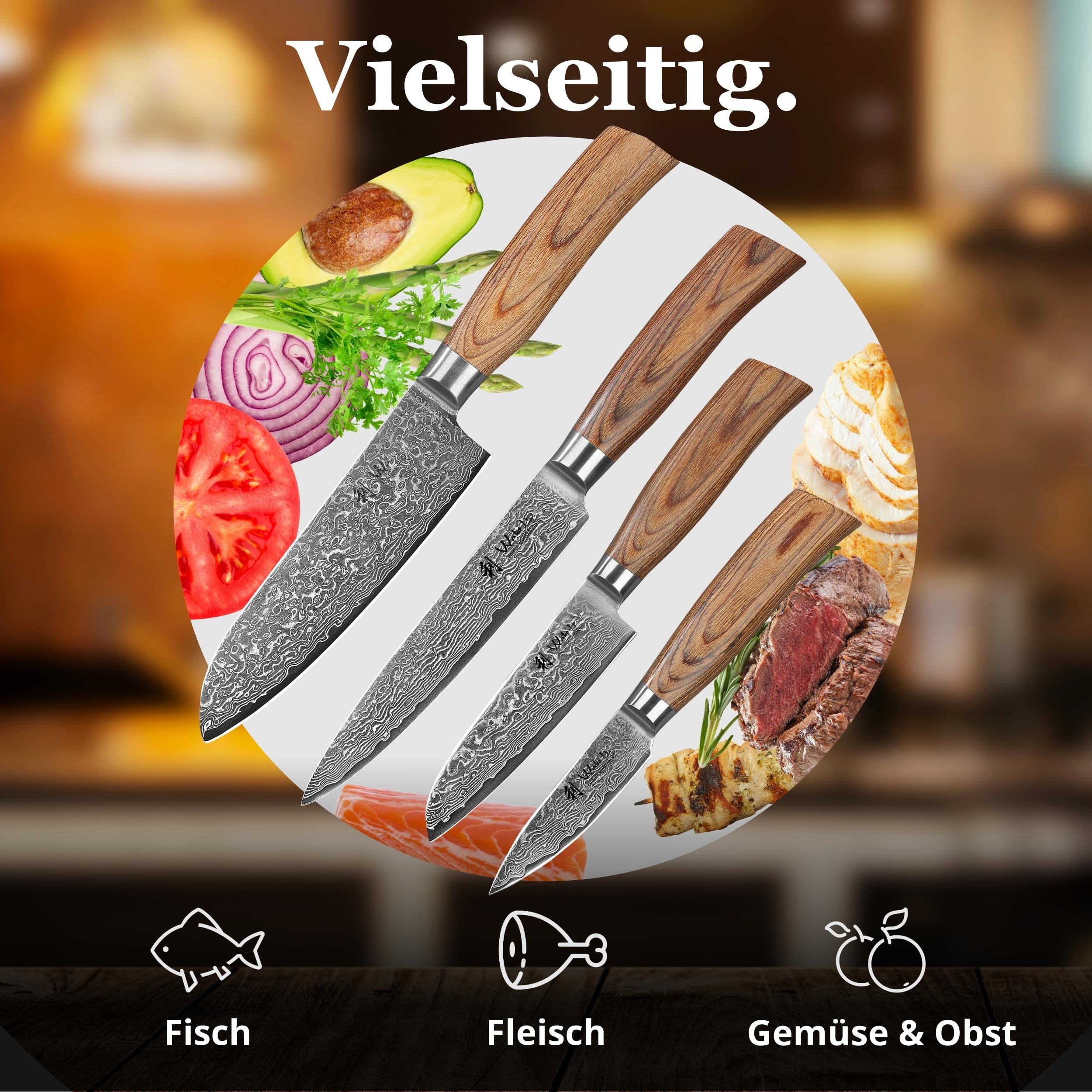 Wakoli EDIB Pro 4-teiliges Messerset aus 67 Lagen Damaststahl mit VG10 Kern | Fleischmesser, Santoku, kleines Santoku und Officemesser; Pakkaholzgriffe, Holzbox, 60 ± 2 HRC, für Fleisch, Fisch und Gemüse