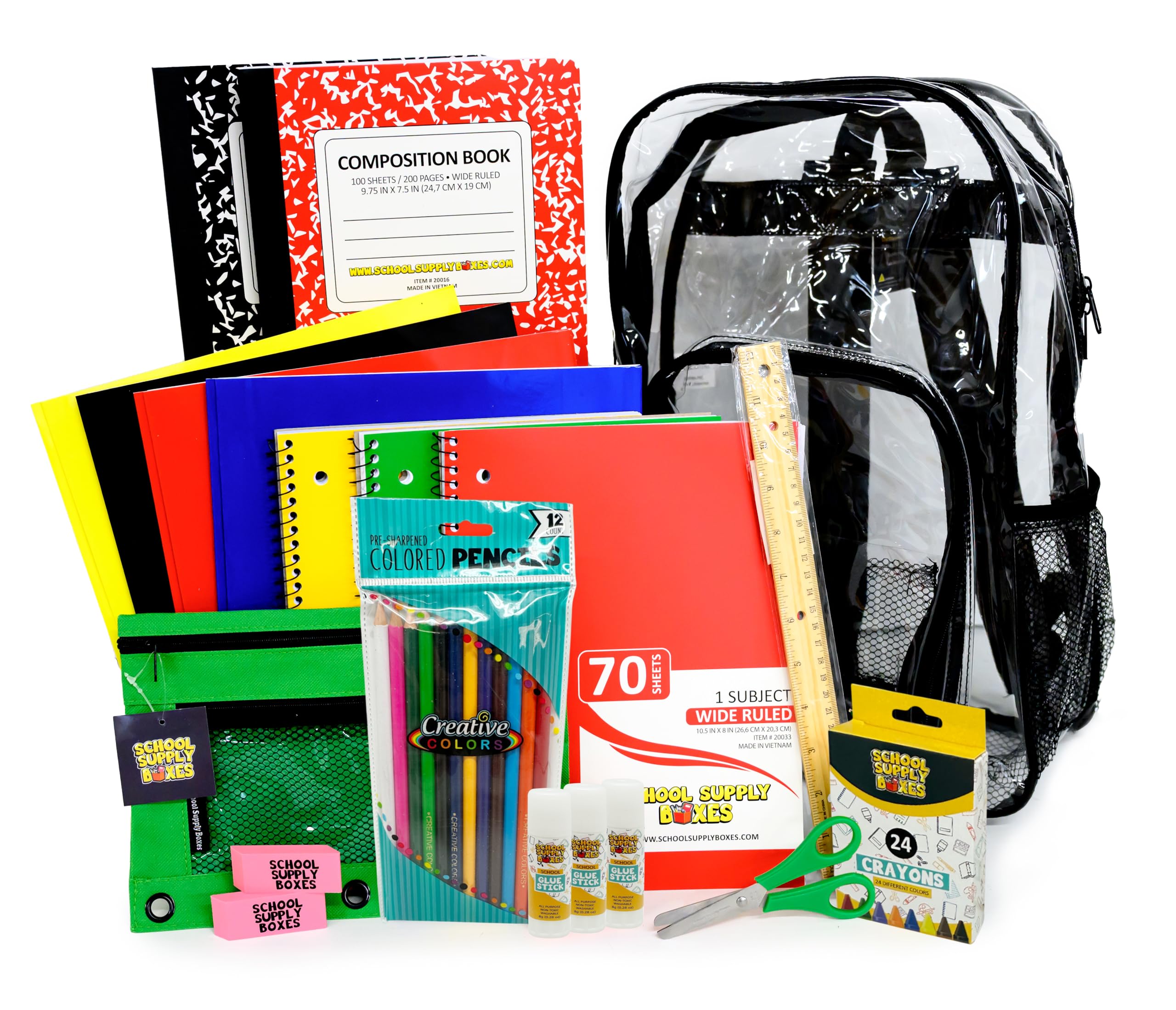 School Supply Boxes | 17" Clear Backpack Bundle for Elementary School | Back to School Bookbag with Supplies | Contains Crayons, Colored Pencils,