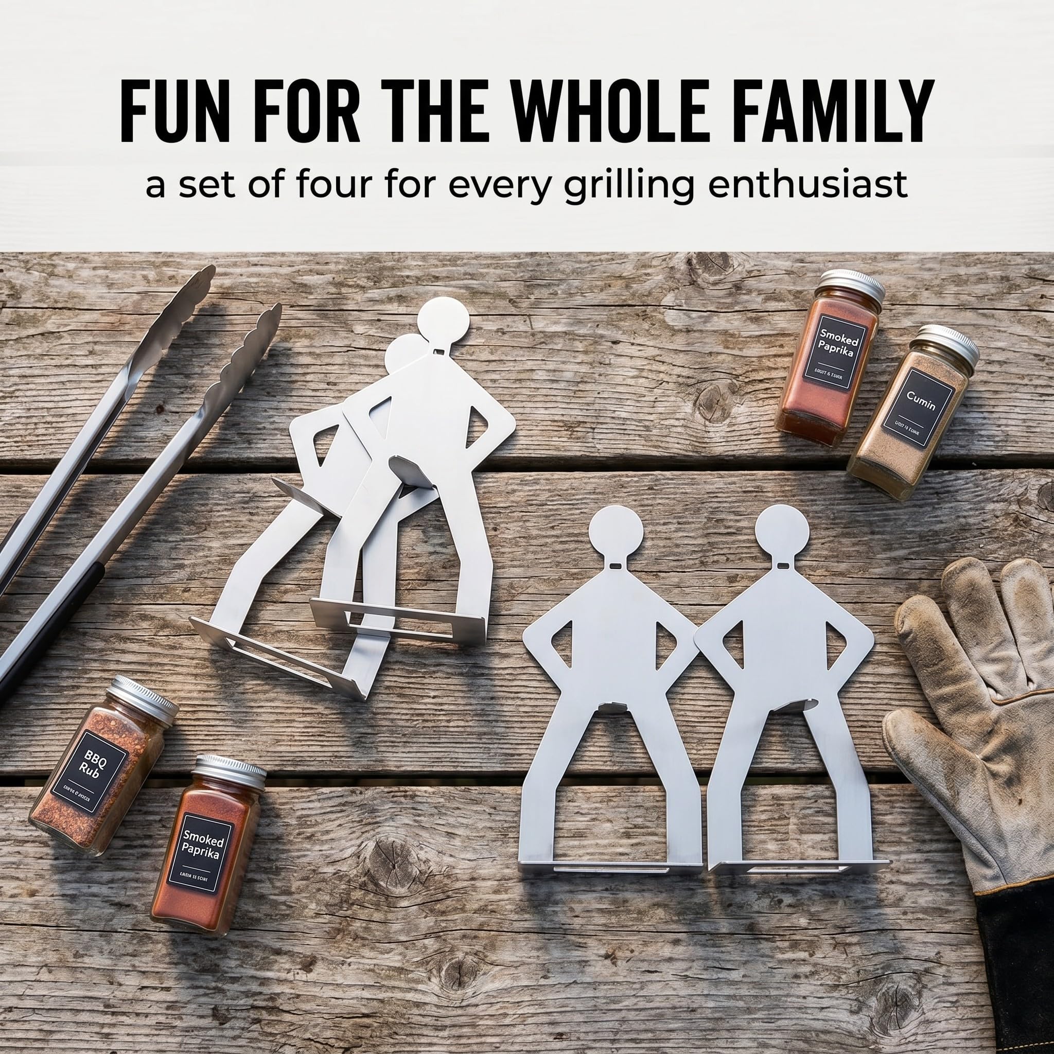 4 Pezzi Supporto per salsicce da barbecue in acciaio inox, design divertente a forma di omino, portatile per campeggio e picnic, argento
