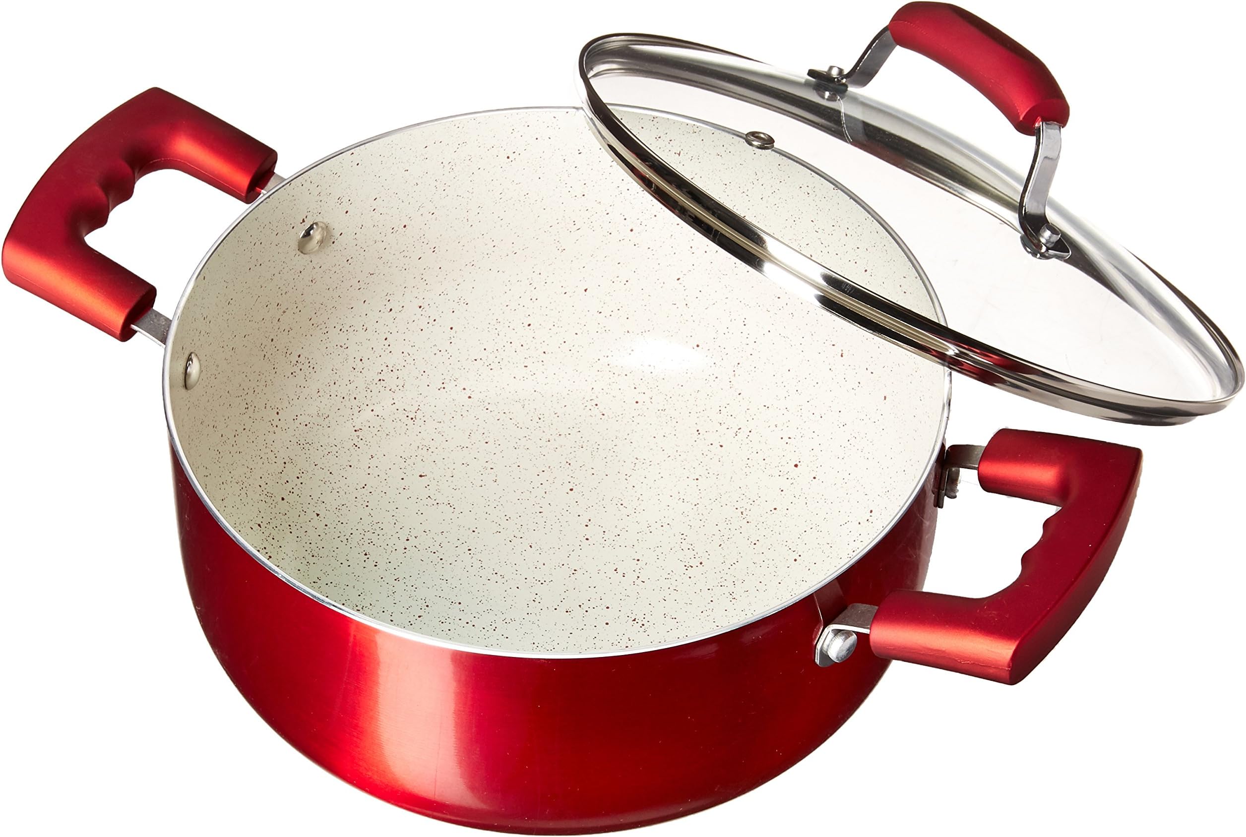 IMUSA USA 4.9Qt Ruby Red Nonstick Dutch Oven with Glass Lid and Soft Touch Handles, 5 Quarts