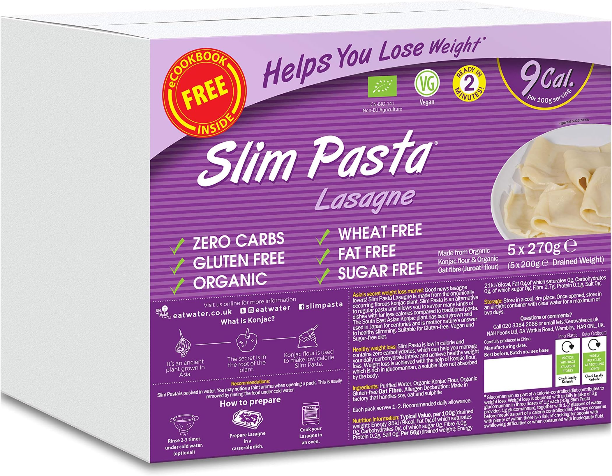 Slim Pasta Lasagne Sheets (Enviro Pack of 5 x 270g) Organic Konjac Flour & Oats Shirataki Pasta, Zero Carb, Low Calorie, Gluten, Fat & Sugar Free, Vegan High Fibre Ready to Eat, Keto Diet Friendly