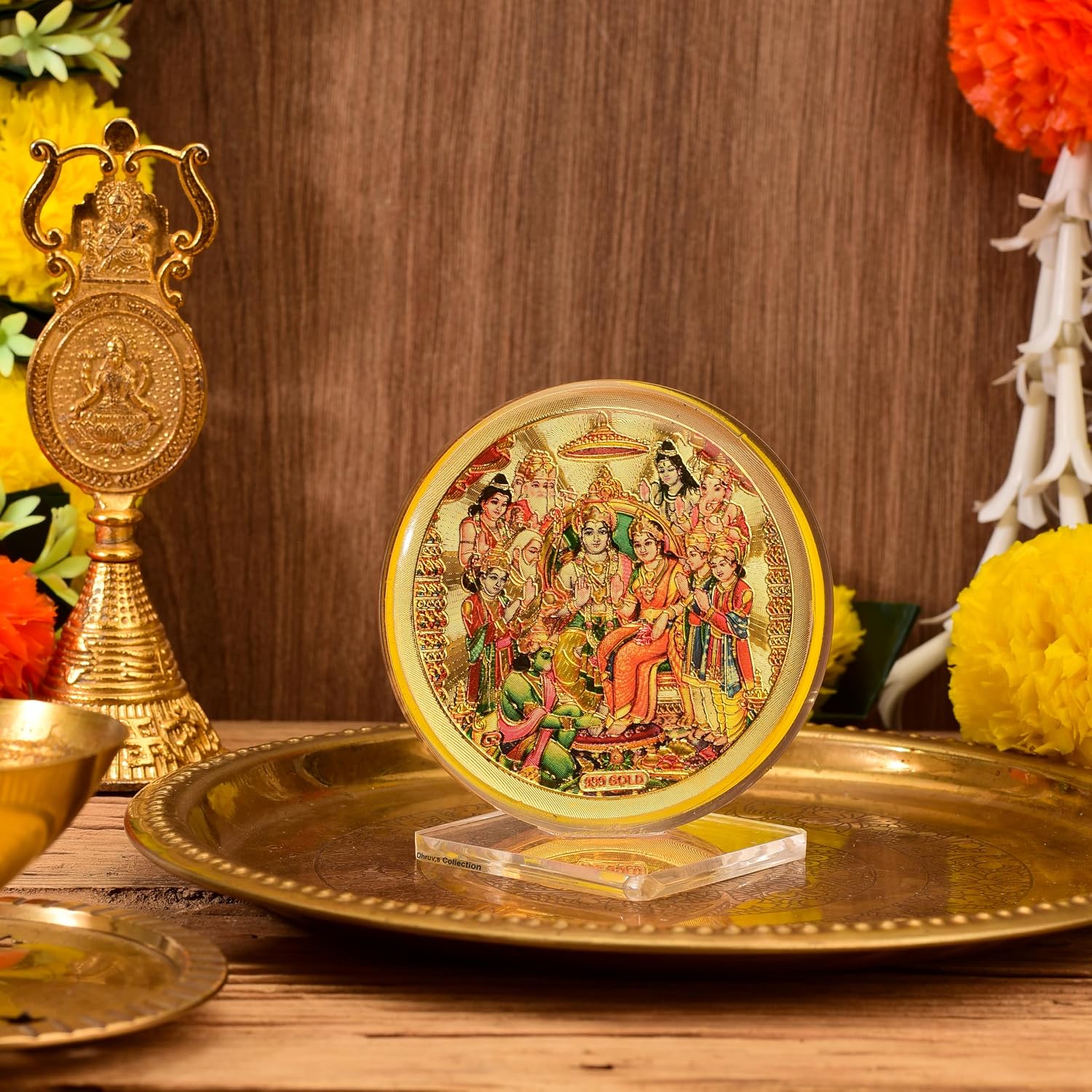 DHRUVS COLLECTION Gold Plated Ram Darbar 3D Idol Acrylic Diamond Cut Photo Stand for Home Decor, Car Dashboard, Office Table, Pooja, Temple, Workplace, Housewarming Gift (10.5 x 8 Centimetres)