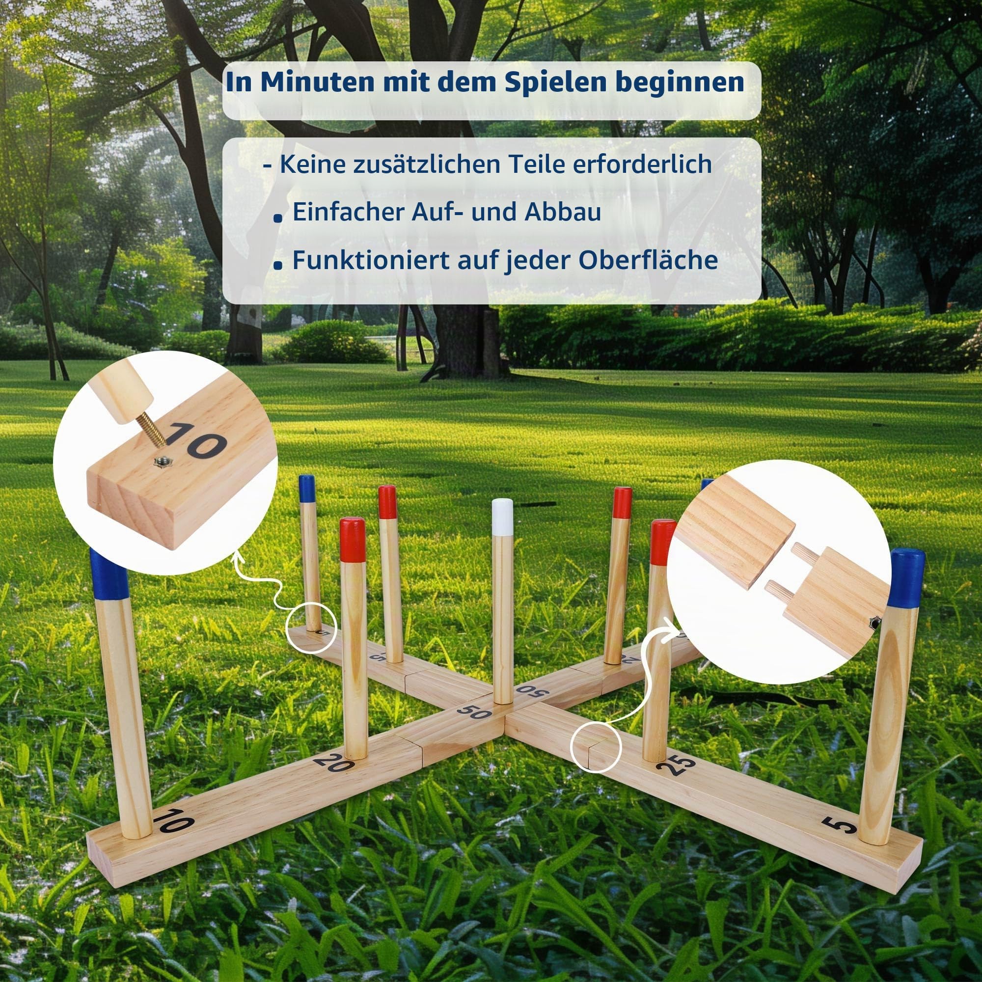 Extra großes Ringwurfspiel für Erwachsene und Kinder, 76,2 cm, Holzringwurfspiel, Outdoor-Spaß mit 9 Stangen, 10 Ringen und Tragetasche, einfach aufzubauen und kompakt zu tragen, tragbare Hofspiele