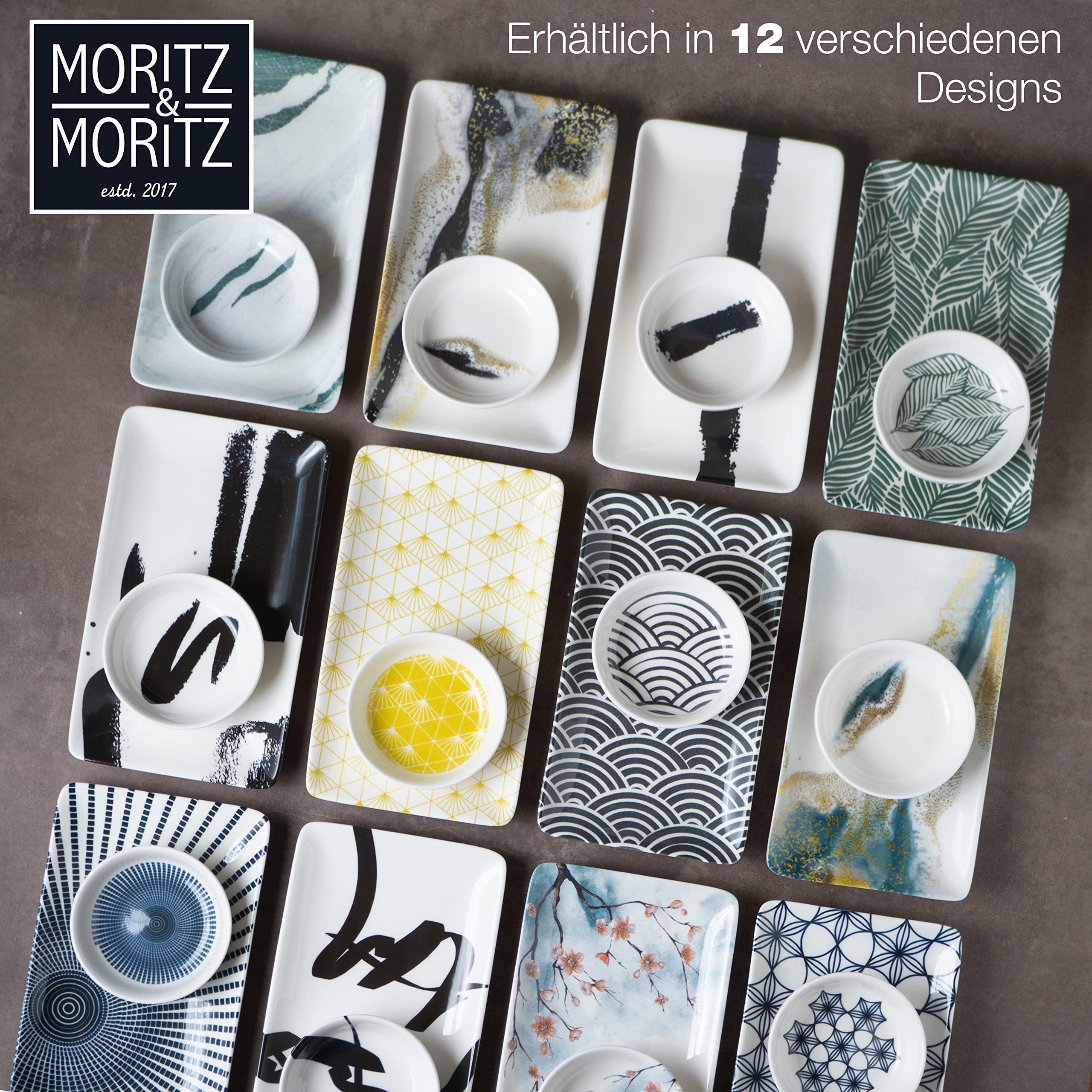 Moritz & Moritz 8-tlg. Sushi Geschirr Set für 2 Personen - Sushi Servierset mit 2x Sushi-Teller, Dip-Schälchen und Stäbchen