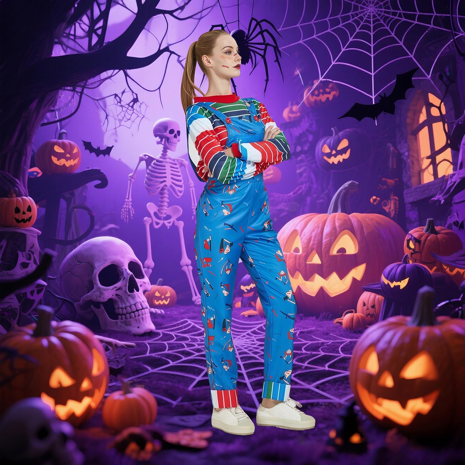 Women's Killer Doll Costume,Blue Cartoon Jumpsuit with Striped Shirt, Movie Inspired Cosplay Outfit - Image 6