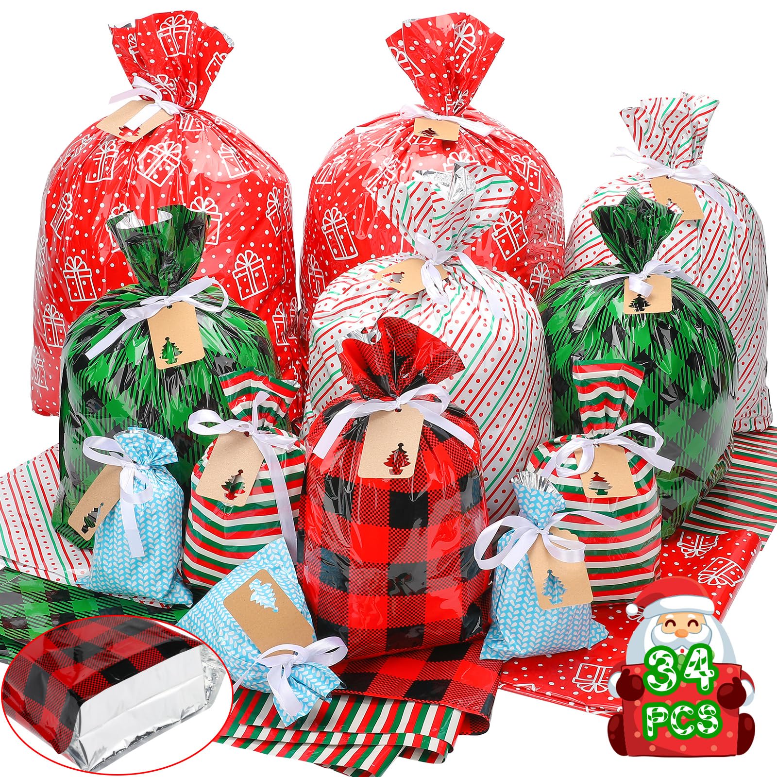 Bolsas de regalo de Navidad de varios tamaños, 34 bolsas de Navidad para regalos, bolsas de regalo de Navidad pequeñas/medianas/grandes/extragrandes con lazos de cinta, bolsa de regalo reutilizable de