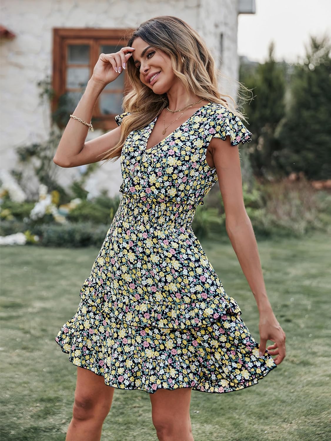 PRETTYGARDEN Womens Summer Dresses Boho V Neck Floral Print Ruffle Sleeve Layered Mini Dress Cute Smocked Waist Short Dress - Image 4