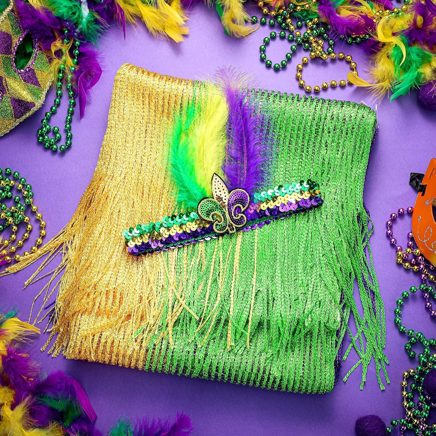 Bencailor 2 Pcs Mardi Gras Shawls Wraps Feather Headband Set Women's Long Poncho Cape Mardi Gras Yellow Green Purple Headwear and Cape(Vibrant) - Image 7