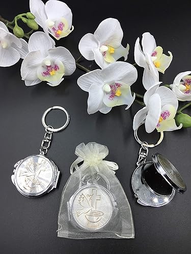 YRP (12) Pcs Nuevo Bautismo Espejo Compacto Llavero Favor Oro Bautizo RecuerdosMaquillaje Espíritu Santo CompactoPrimera Comunión, plateado