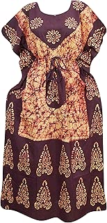 Mogul Interior Womens Caftan Maxi Dress Maroon Batik Print Beach Cotton Kimono Kaftan 2XL