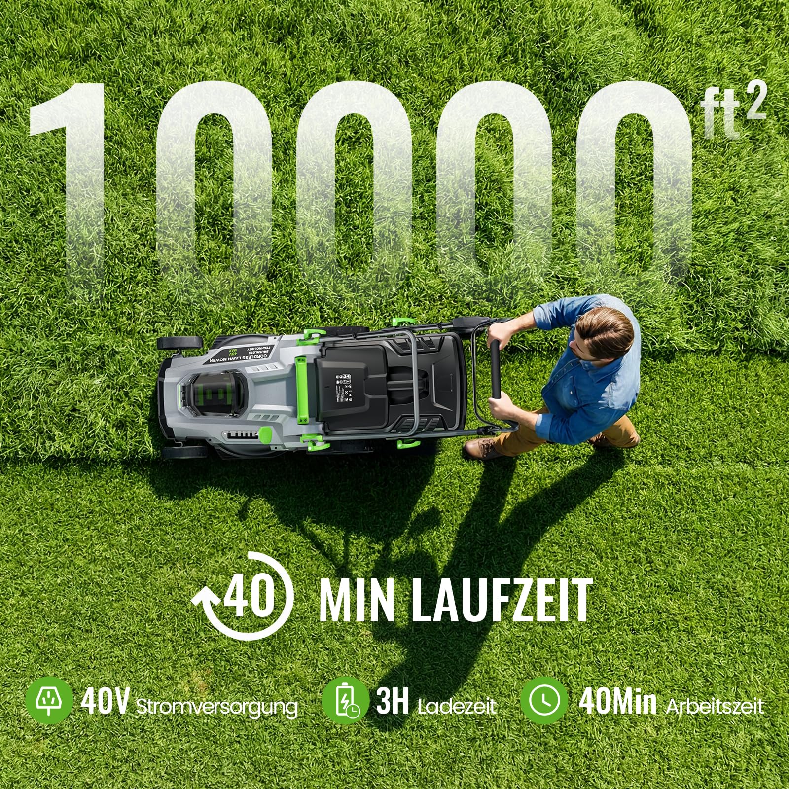 ETOOLAB Akku-Rasenmäher 40V(2X20V), 43cm Schnittbreite, bis 500 m², Brushless, Mulch-Kit, 50L Fangkorb, 6 Schnitthöhen, 25-75 mm Schnitthöhe, 2X 4,0 Ah Akkus+Ladegerät