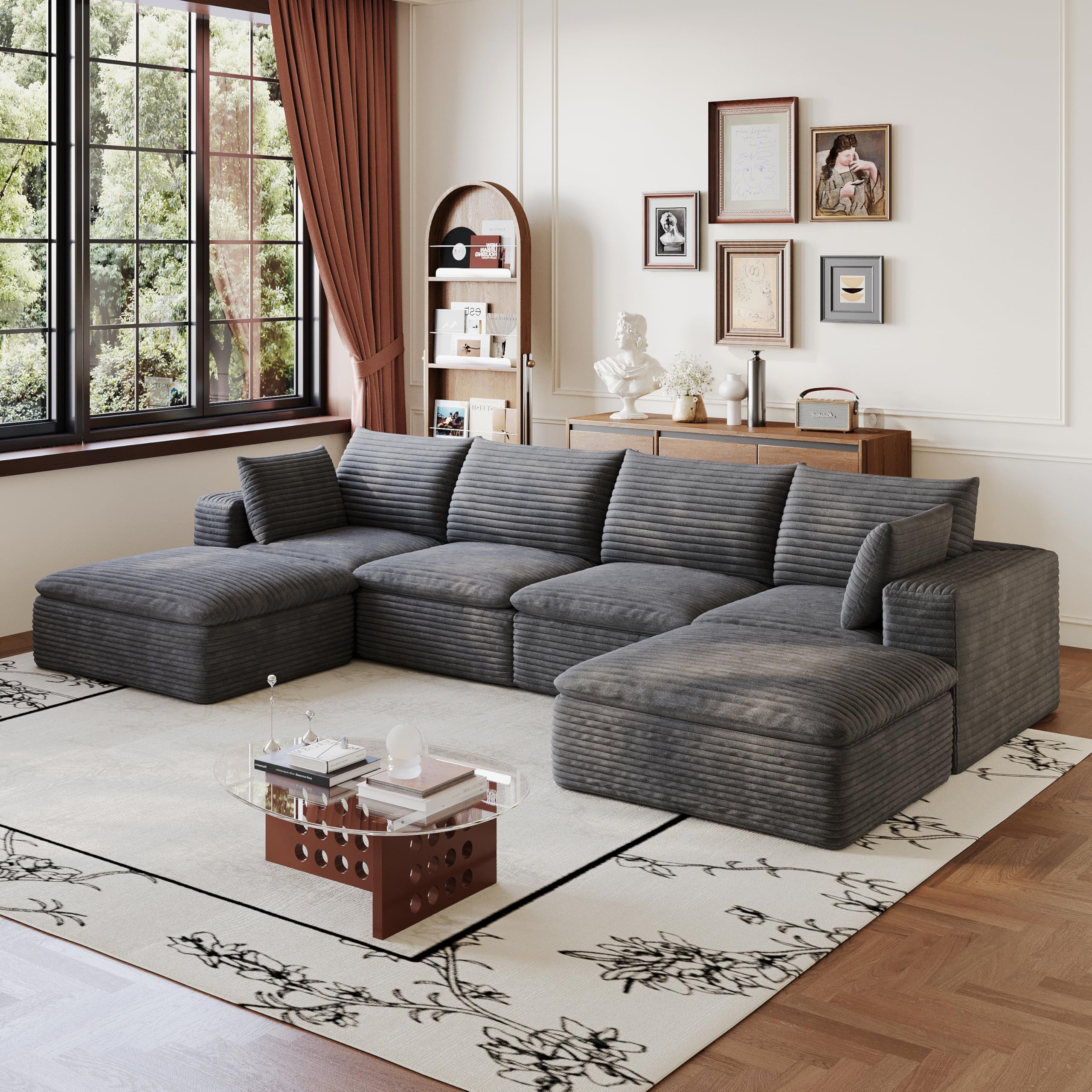 Sofá modular en la nube de pana suave, sofá sin boneless, sofá esquinero con función de dormir, acolchado extraíble, sin montaje, para salón, dormitorio y apartamento, gris oscuro