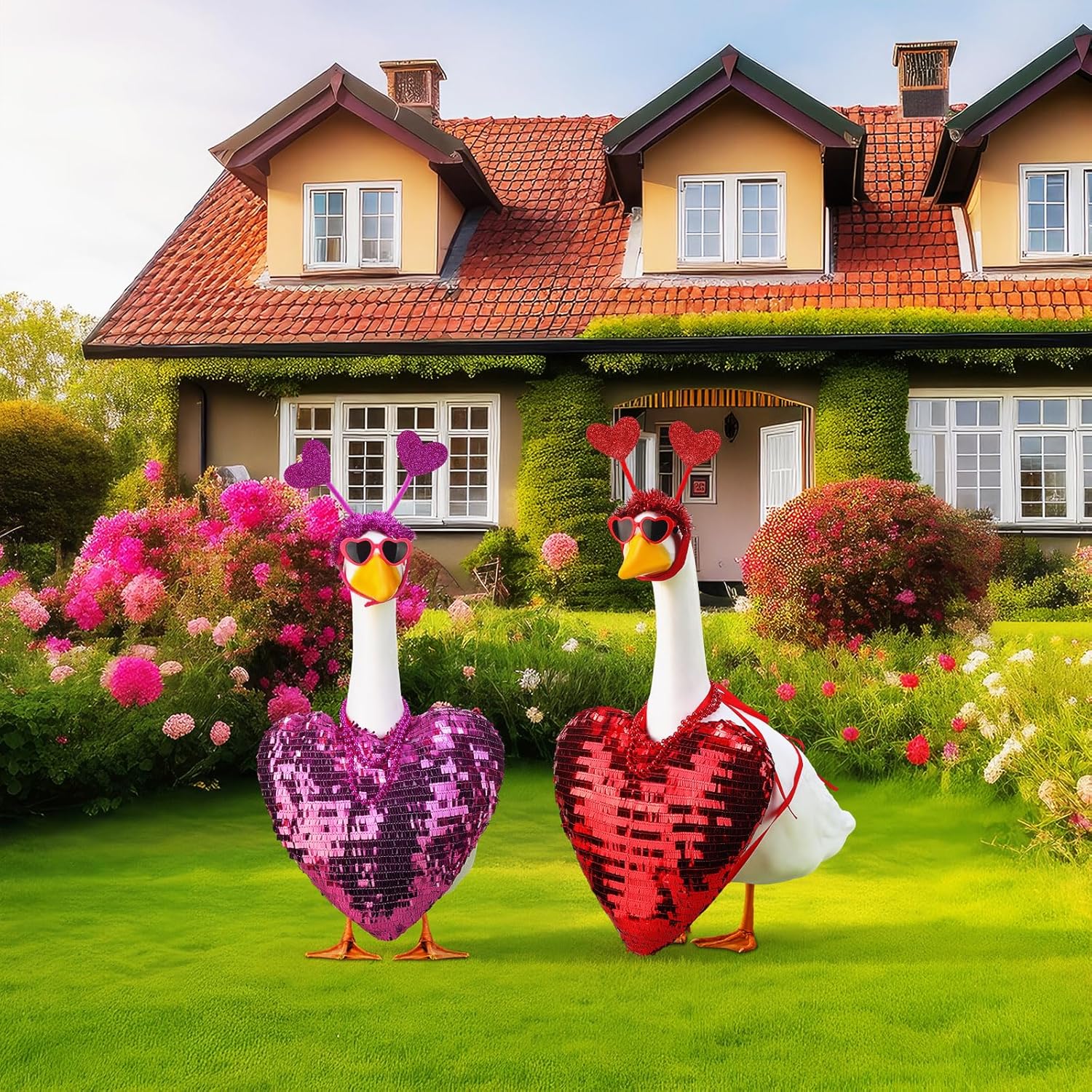 Abbylike 2 Sets Valentine's Day Porch Goose Outfits Love Heart Yard Goose Clothes Costume Fits Large 23'' Cement for Garden Yard Statue Pathway Decorations