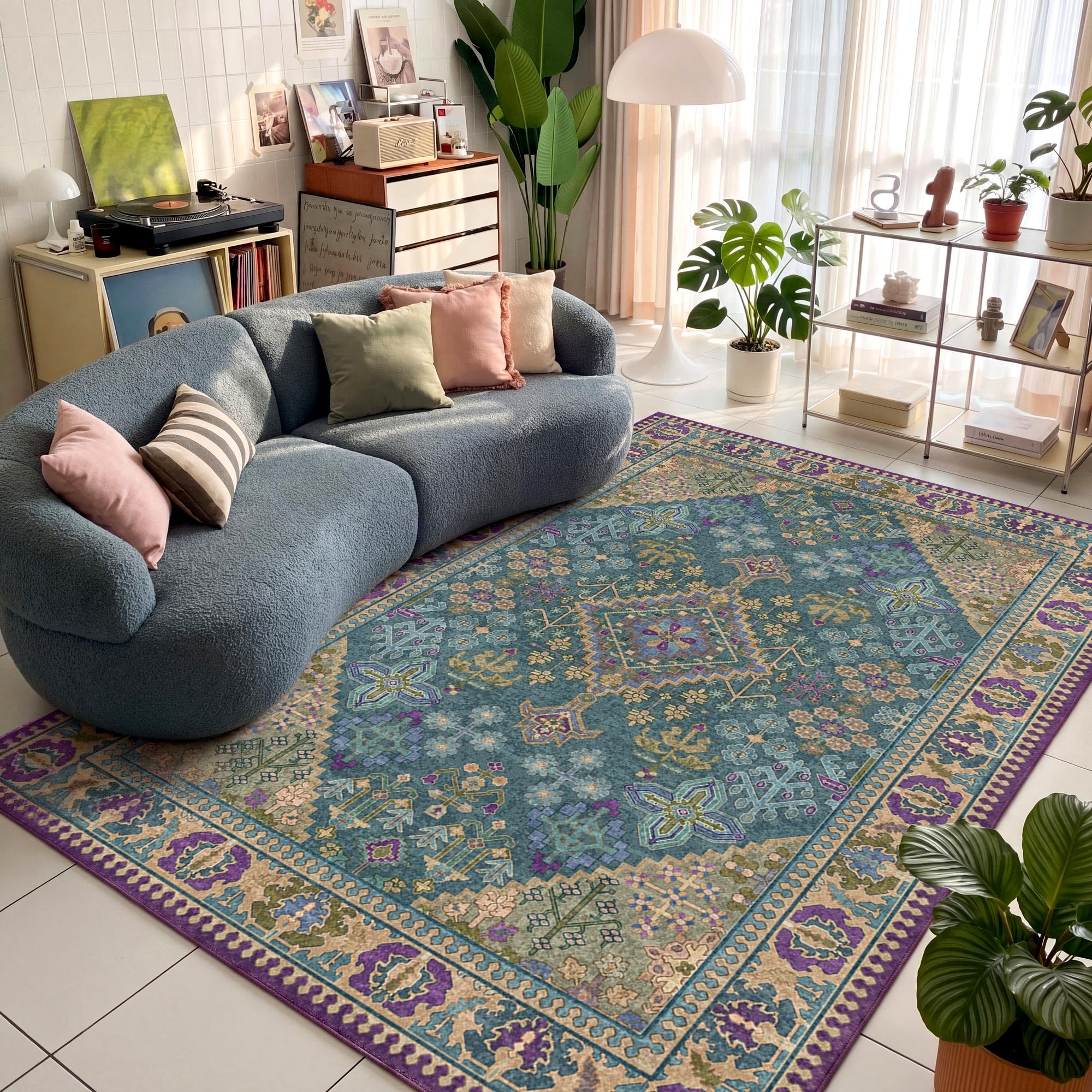 6x9 Boho Machine Washable Low Pile Area Rugs for Living Room Teal Purple