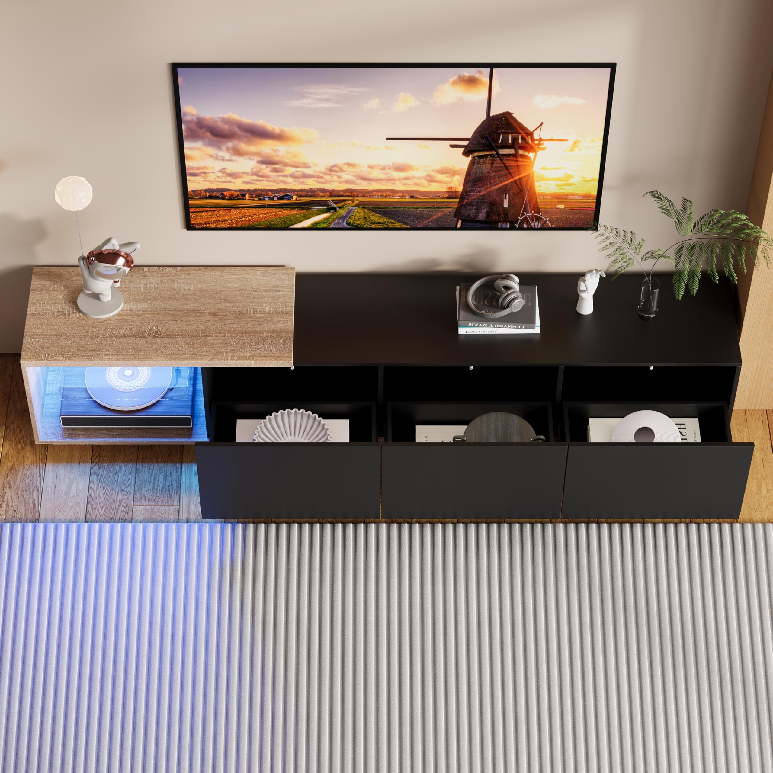 LIVLUX Meuble TV Moderne avec 3 Portes de Rangement et Étagères en Verre Intégrées, Lumières LED Variables, Convient pour Salon ou Chambre (Noir+Ton Bois, 240 x 38 x 44 cm)