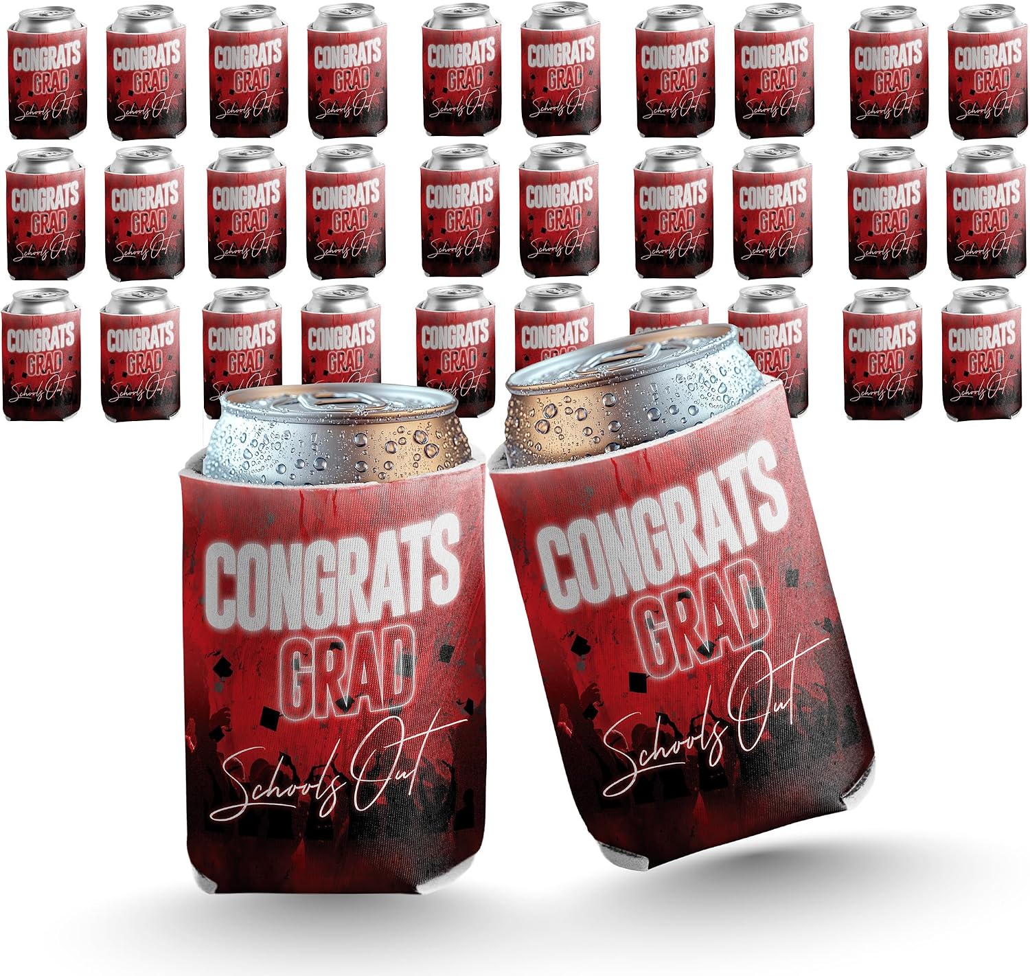 VictoryStore Congrats Grad Can Coolers – Set of 25 Graduation Can Sleeves – Red Graduation Party Favors for 12oz Cans – Printed in USA