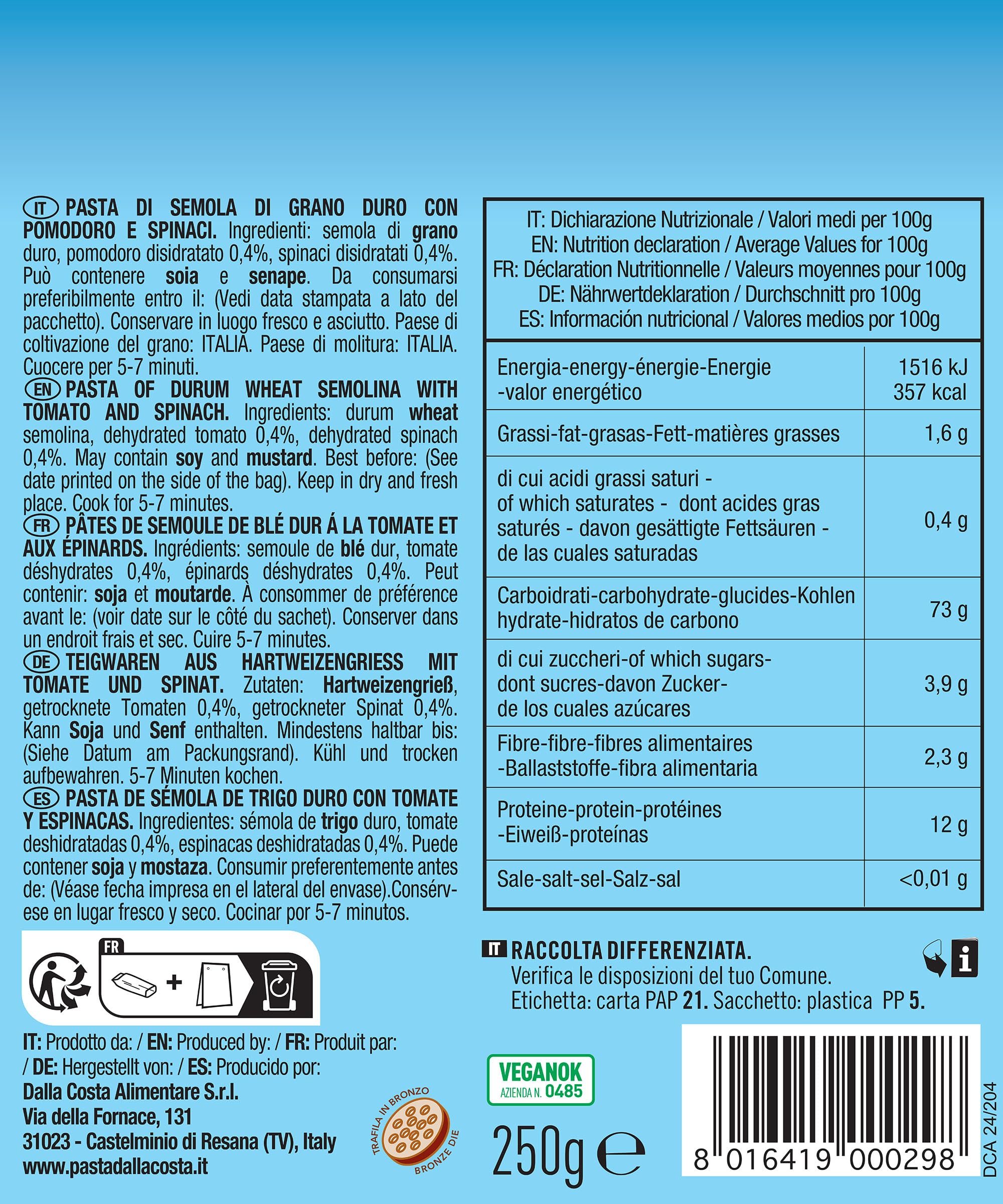 Dalla Costa Sea Life Makaron Trikolor – Pomidor i Szpinak – Opakowanie oszczędnościowe 24×250 g