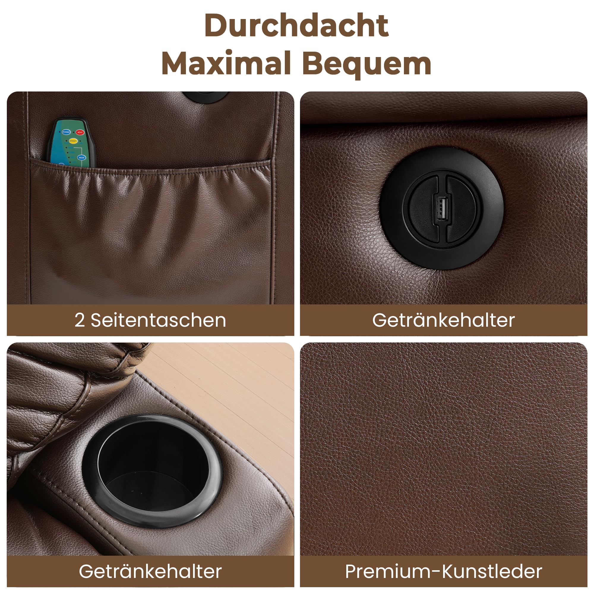 DUANDUAN Aufstehsessel mit flüsterleisem Motor, Liftsessel für Senioren | Elektrisch verstellbar, Lendenheizung, 8-Punkt-Massage, USB-Laden, wasserabweisendes Leder, einfache Montage