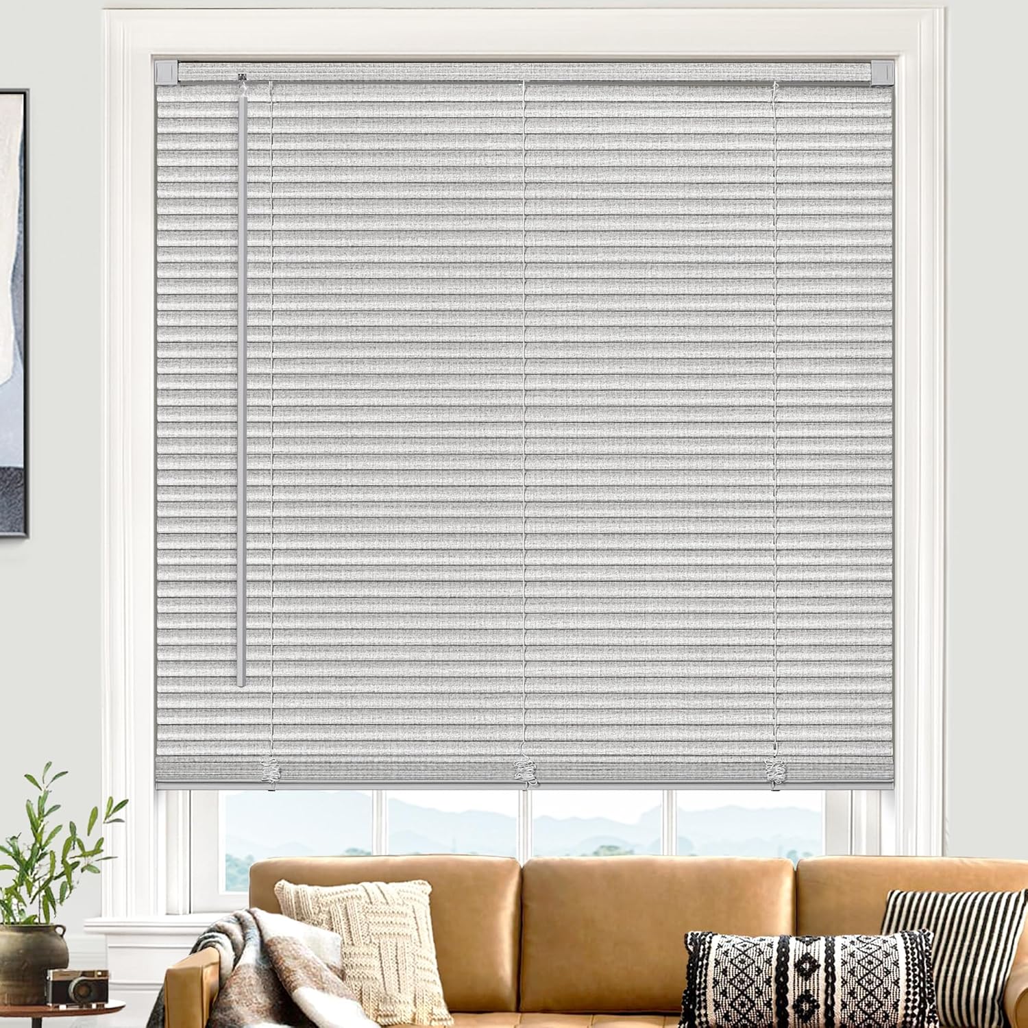 Cordless Blinds for Indoor Windows 1" Vinyl Textured Print Slats Mini Blinds for Home, 38" W × 64" H - Grey