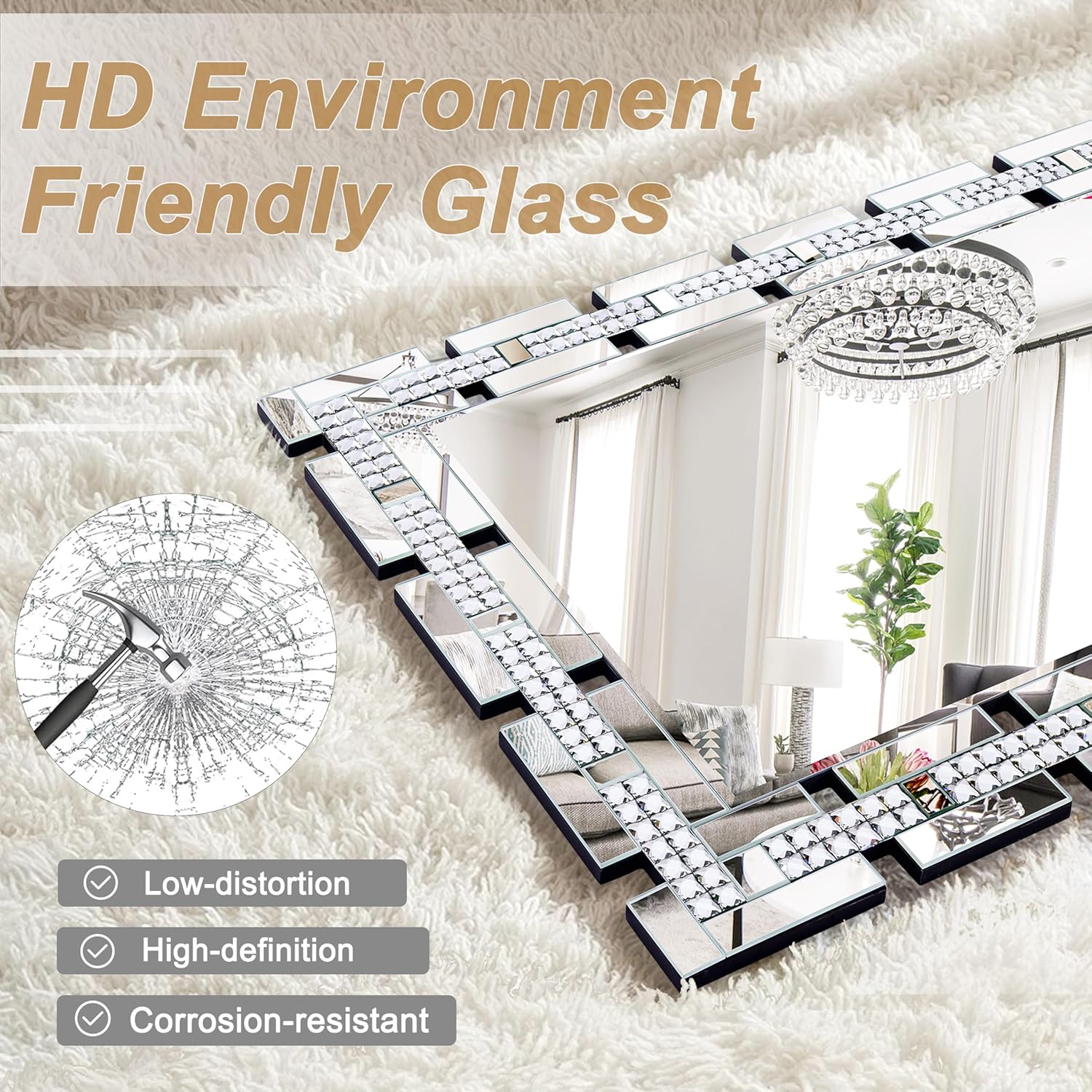 Chende 36" x 47" Crystal Large Wall Decor Mirror with Beveled Edge and Glass Frame, Rectangular Decorative Mirror for Bathroom, Bedroom, Entryway, Vertical/Horizontal Design, Gifts for Girls