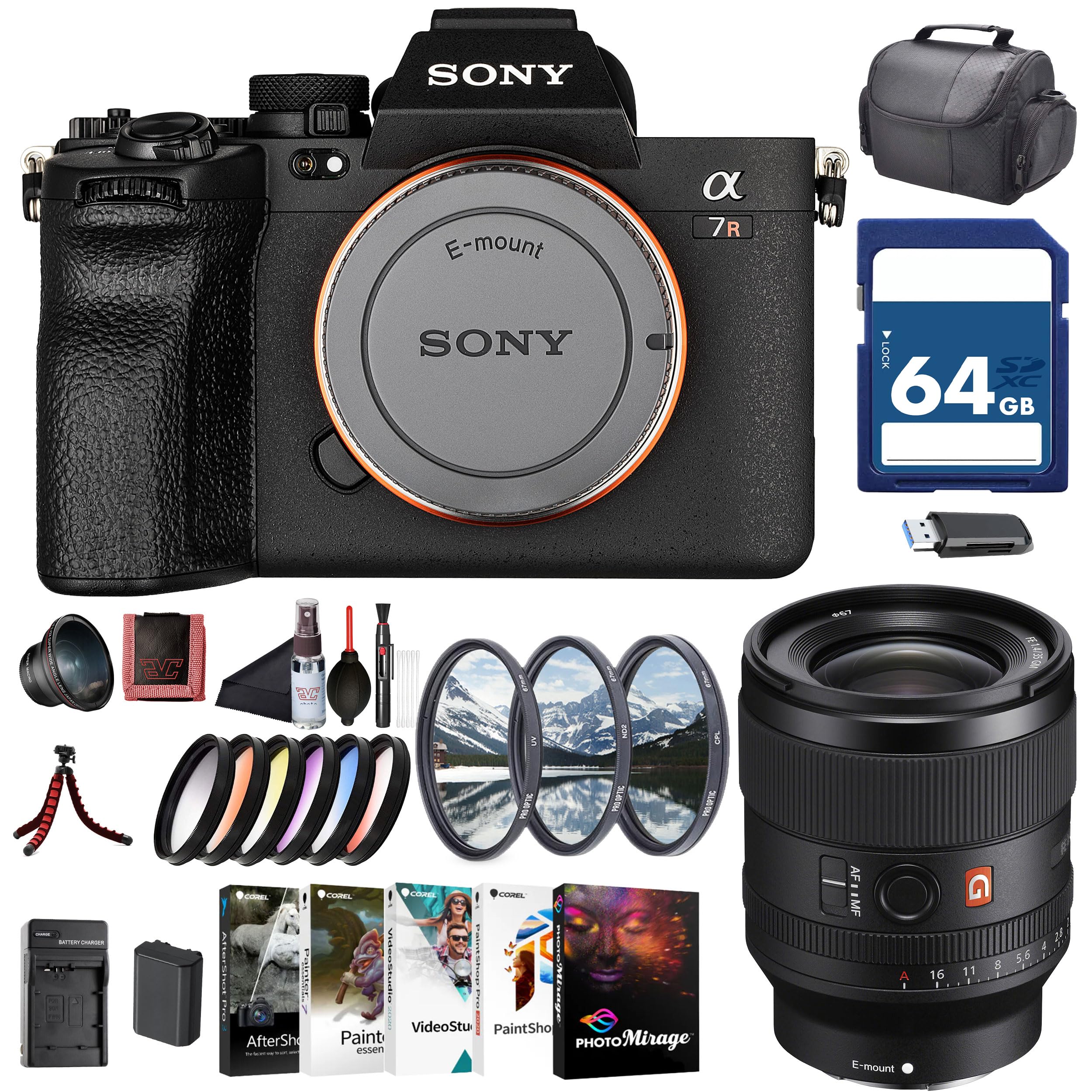 Sony Alpha 7R V Mirrorless Camera Body (ILCE-7RM5/B) – 61MP Full-Frame Sensor | AI Autofocus | FE 35mm Lens, 64GB Card, Filter Kit, Wide Angle Lens,