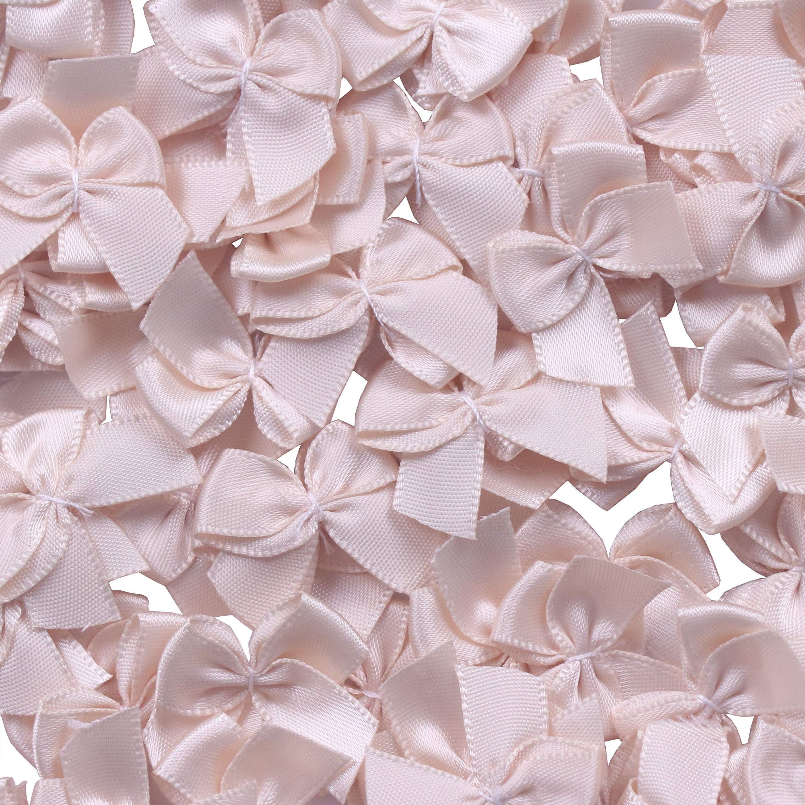 YAKA 80Pcs Mini Satin Ribbon Bows Flowers 1" x3/4"Appliques DIY Craft Scrapbooking DIY Embellishmen Projects,Bow Decorations (Beige)