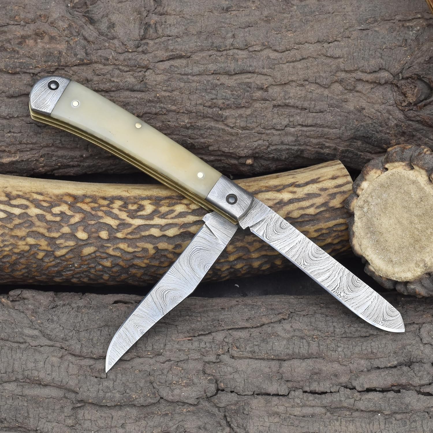 Knives Ranch Double Blade Handmade Damascus Steel Trapper Folding Pocket Knife with Natural Cattle Bone Handle,3" High Carbon Steel Blades, Modern Style, White Cattle Bone Handle, Leather Pouch, 4" Closed Length, 3/32" Blade Thickness, Adult Pocket Knife for EDC & Collecting (7020-B)