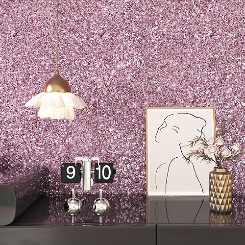 Miniatura 2 de STICKEEP Papel tapiz con purpurina rosa para dormitorio de niñas, papel de contacto con purpurina gruesa, papel de pared con purpurina autoadhesiva
