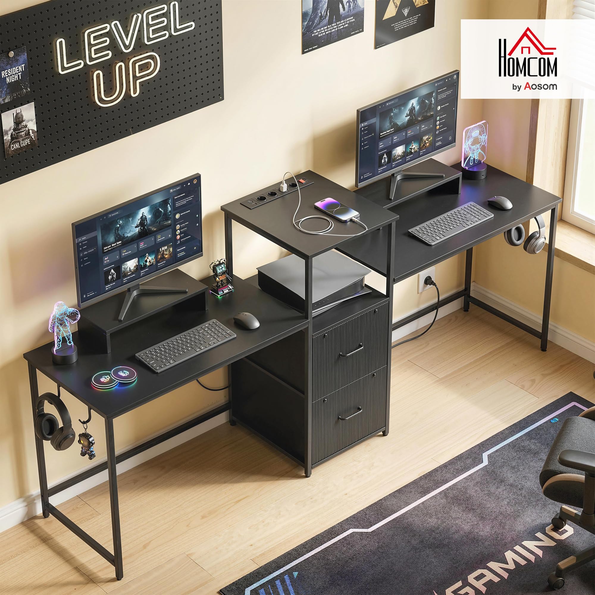 HOMCOM Mesa Gaming Doble Extralargo 244 cm con Estación de Carga Negro | Mesa Gamer, Escritorio Doble, Puertos USB, Soportes para Monitor, Cajones de Tela, Ganchos para Auriculares