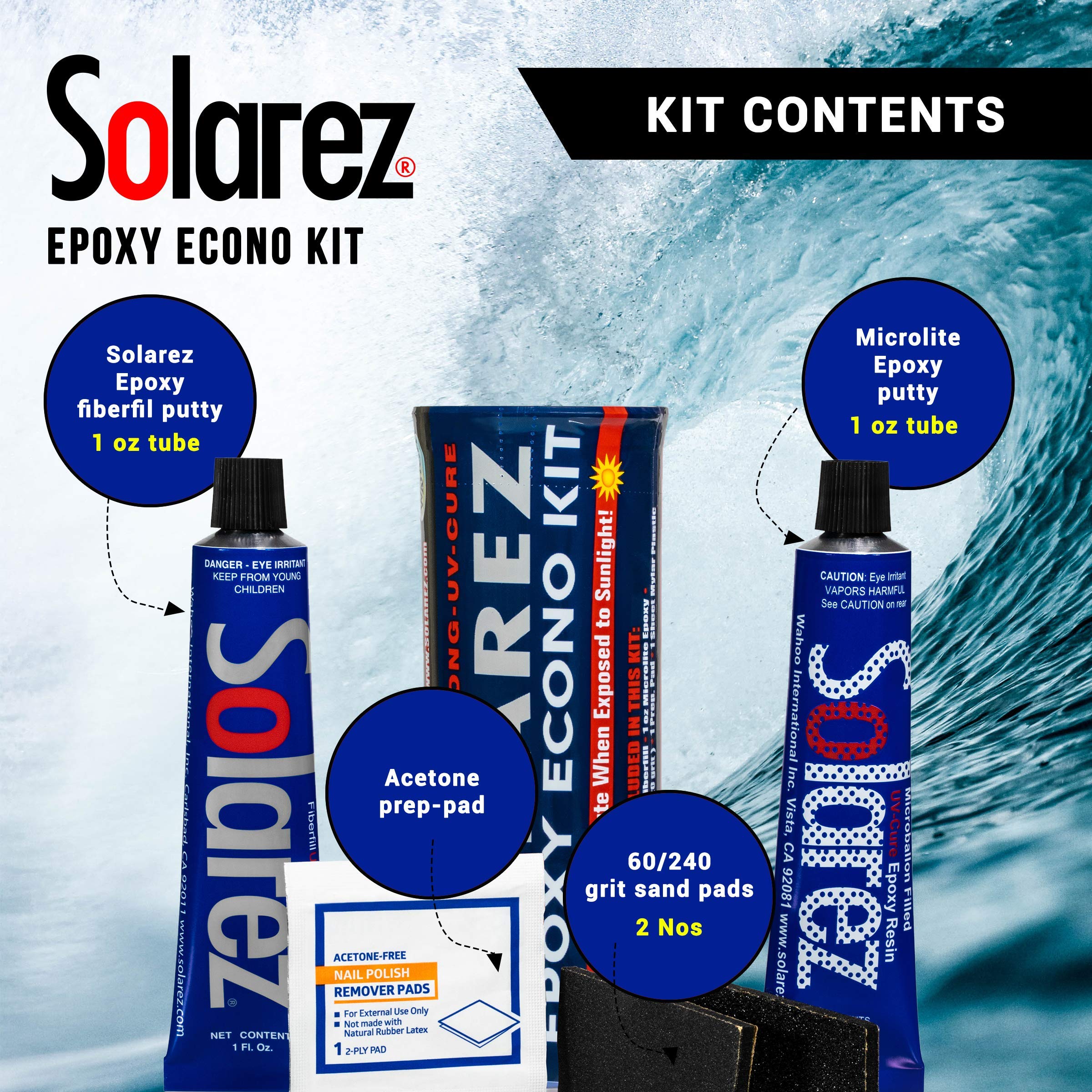 SOLAREZ EPOXY Econo Gift Kit ~ UV Cure Surfboard Repair Epoxy, SUP, Wakeboard Repair, w Epoxy Fiberfil stucco, Tubo Microlite Stucco Epossidico, 2 cuscinetti di sabbia e acetone Prep-Pad~ Prodotto