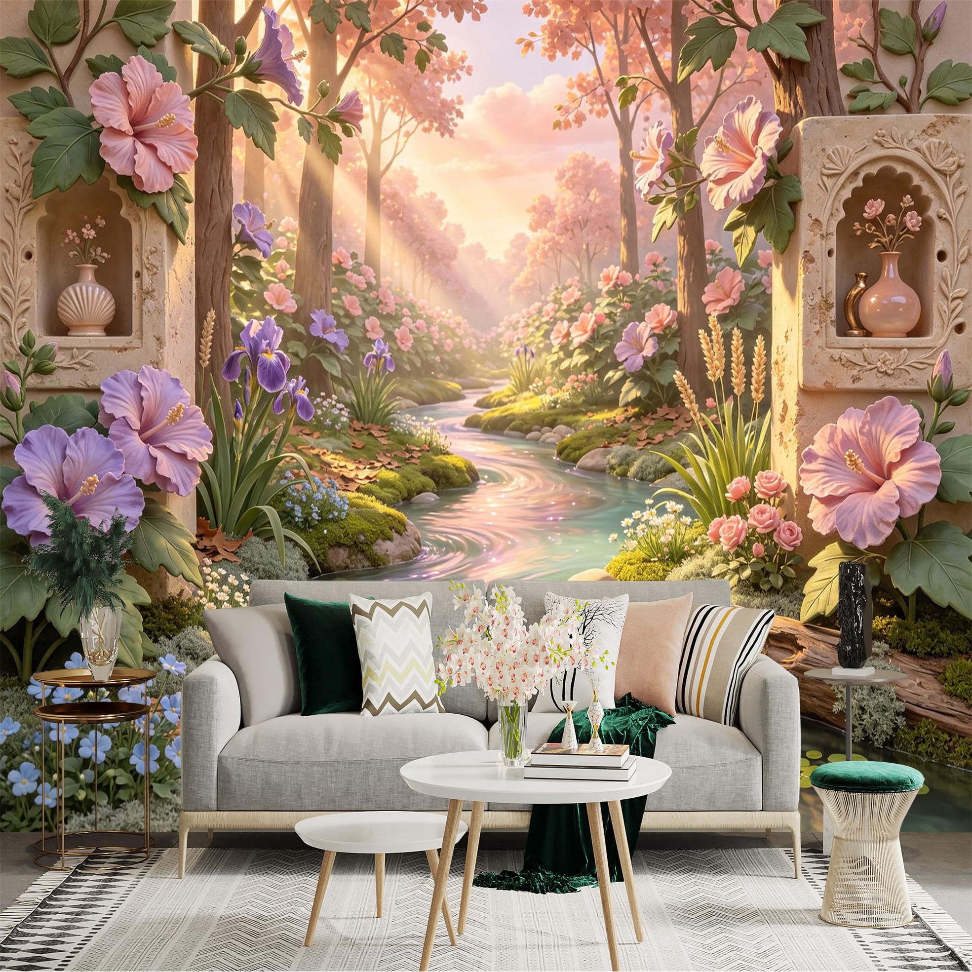 Lnzczhyre Bh260719679 Custom Size Wall Sticker Mural， Dreamy Floral River Landscape， Enchanted Garden With Pink Flowers， Sunset Sunlight Forest， For Wall Decoration， Peelandstick Wall Decals.