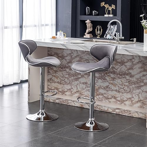 Miniatura 5 de Roundhill Furniture Masaccio - Taburete giratorio ajustable tapizado de terciopelo, juego de 2, color gris