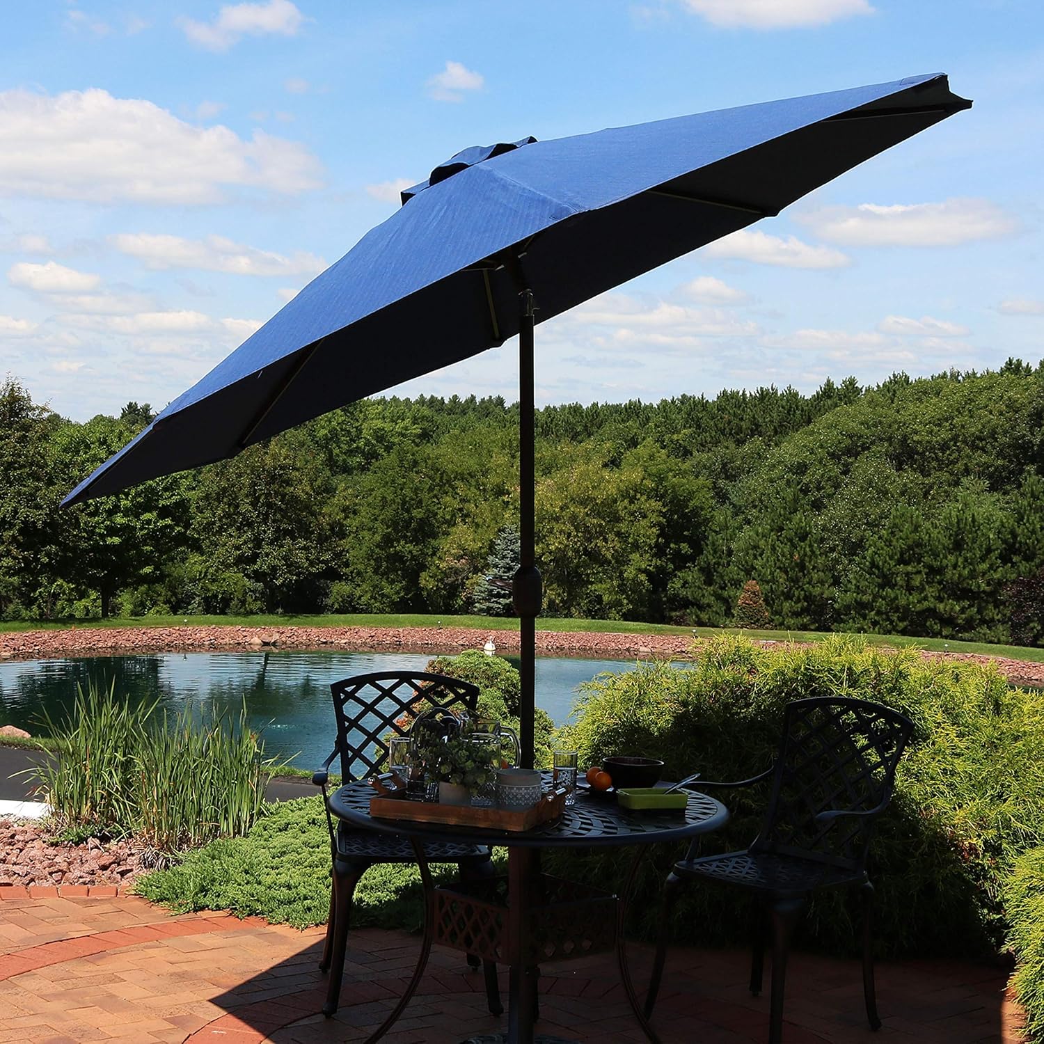 Sunnydaze 9-Foot Patio Umbrella with Fade Resistant Canopy - Auto Tilt and Crank - Rust-Resistant Aluminum Pole - Navy Blue
