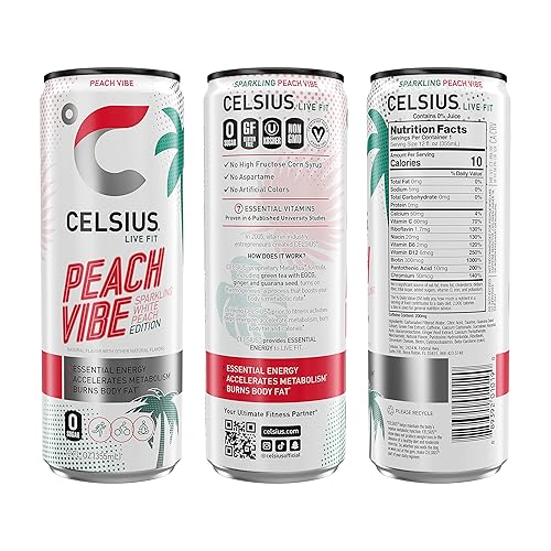 Vista 98 de CELSIUS - Bebida energizante con gas y endulzada con Stevia, cero azúcar, lata delgada, sabor a naranja y granada, 144 onzas líquidas