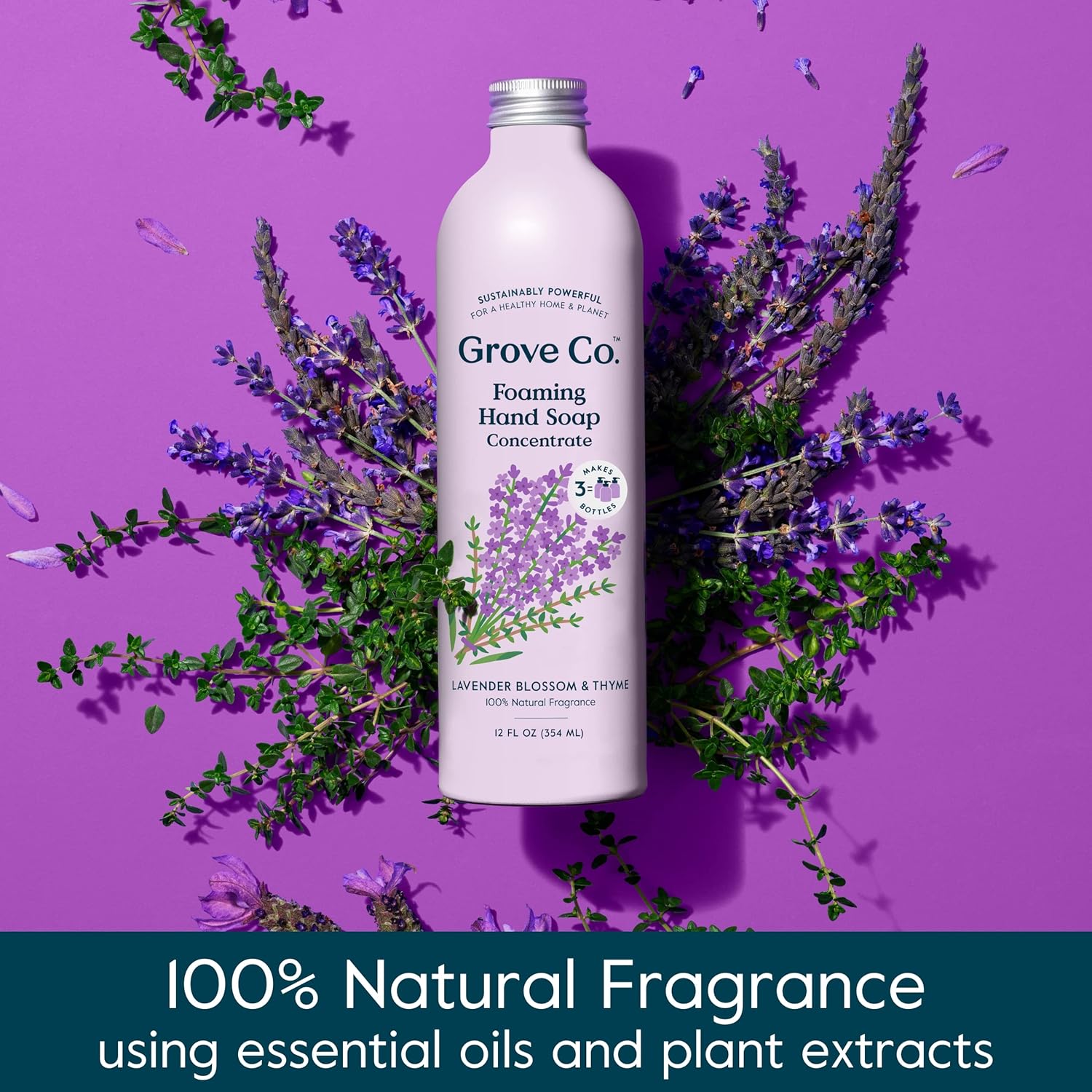 Grove Co. Foaming Hand Soap Concentrate (12 Fl Oz) + Reusable Glass Soap Dispenser, Plastic-Free Liquid Refillable Starter Kit, Natural Lavender Blossom & Thyme Fragrance