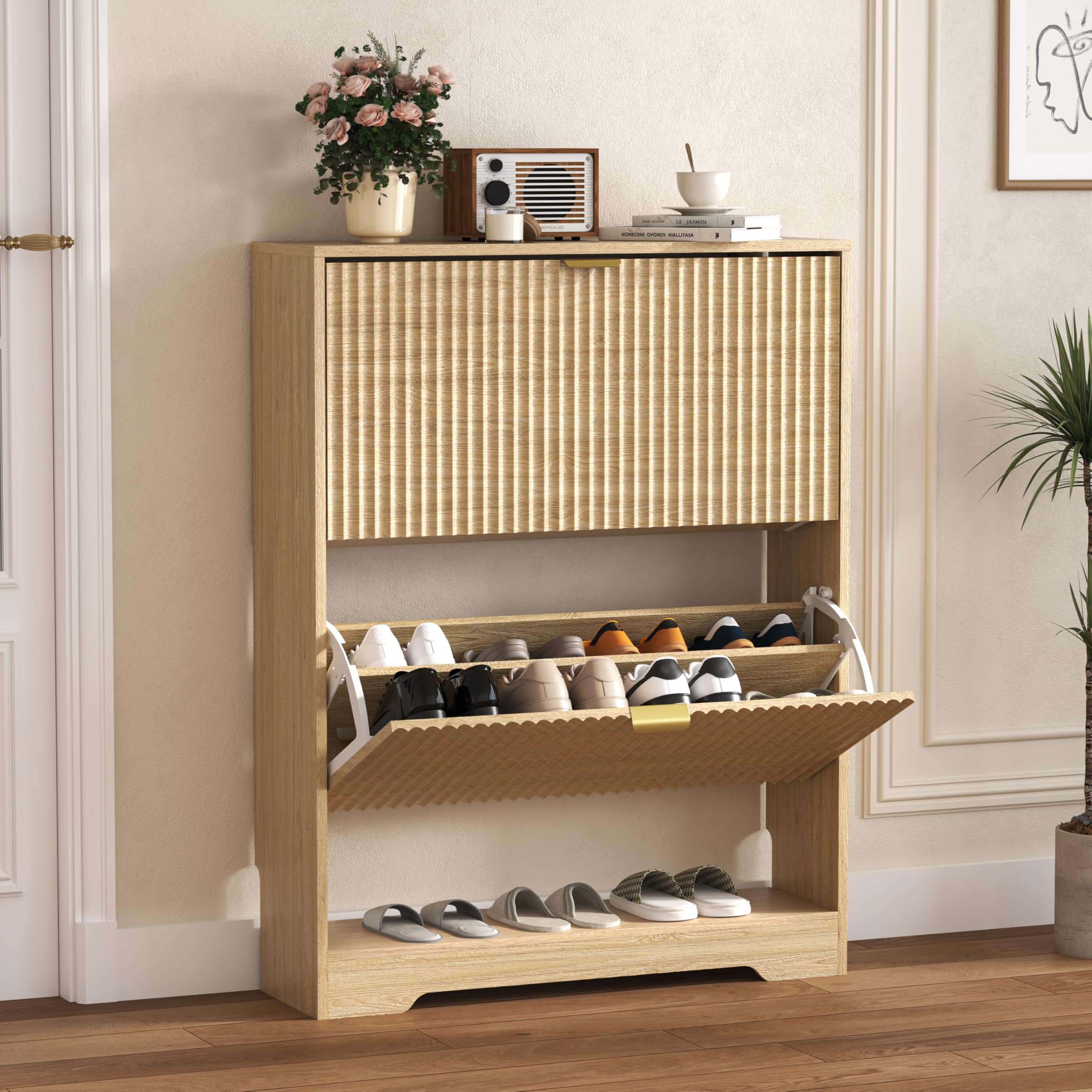 HUANLEGO Shoe Cabinet Storage for Entryway with 2 Flip Drawers, Fluted Shoe Cabinet with Open Storage, Wooden Hidden Shoe Rack Freestanding Narrow Slim Shoe Organizer for Hallway, Entrance