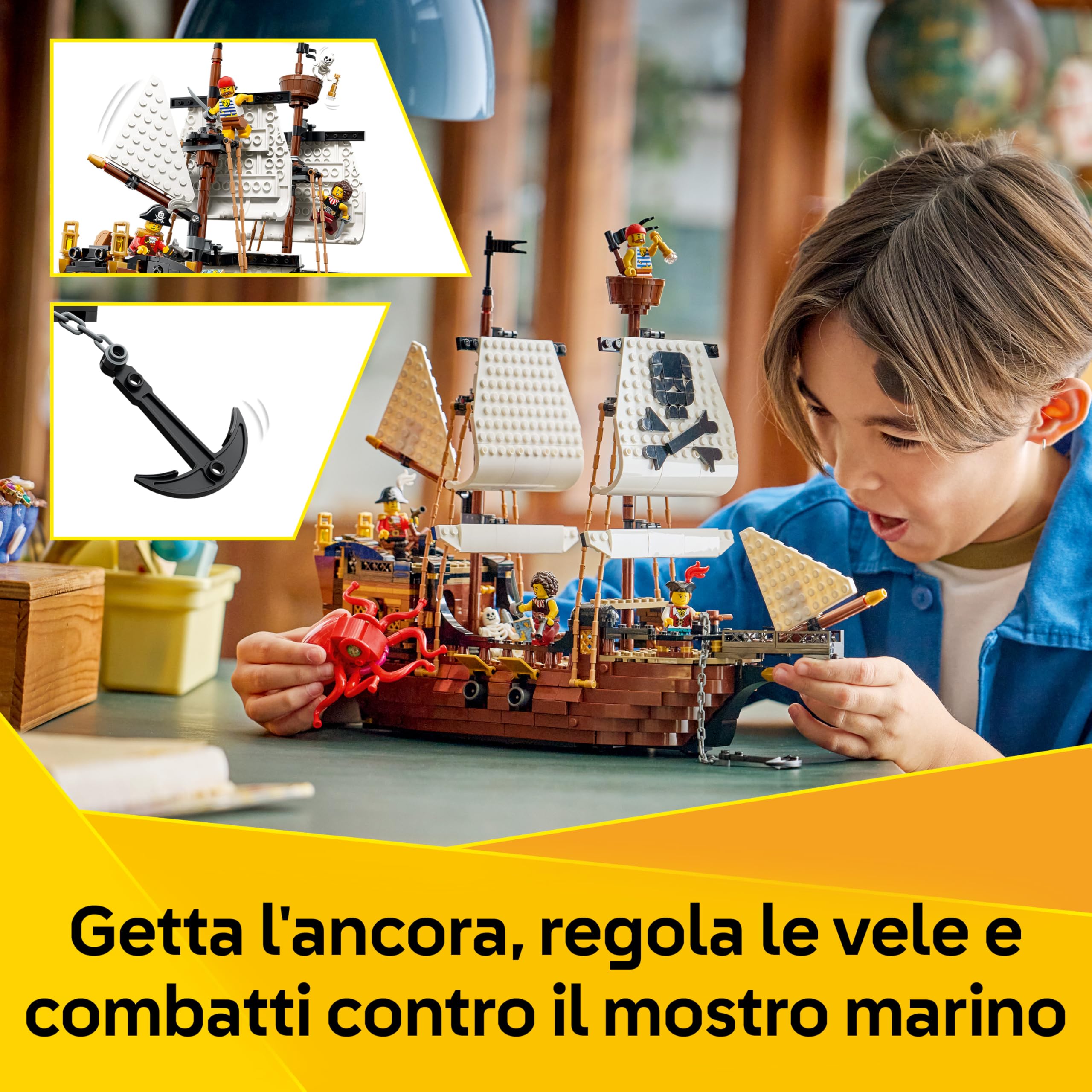 LEGO Creator 3 in 1 Iconica Nave da Pirata - Giocattolo Trasformabile in Castello o in 2 Barche Gemelle - Decorazione per la Cameretta - Regalo di compleanno per Bambini e Bambine da 9 Anni - 31387