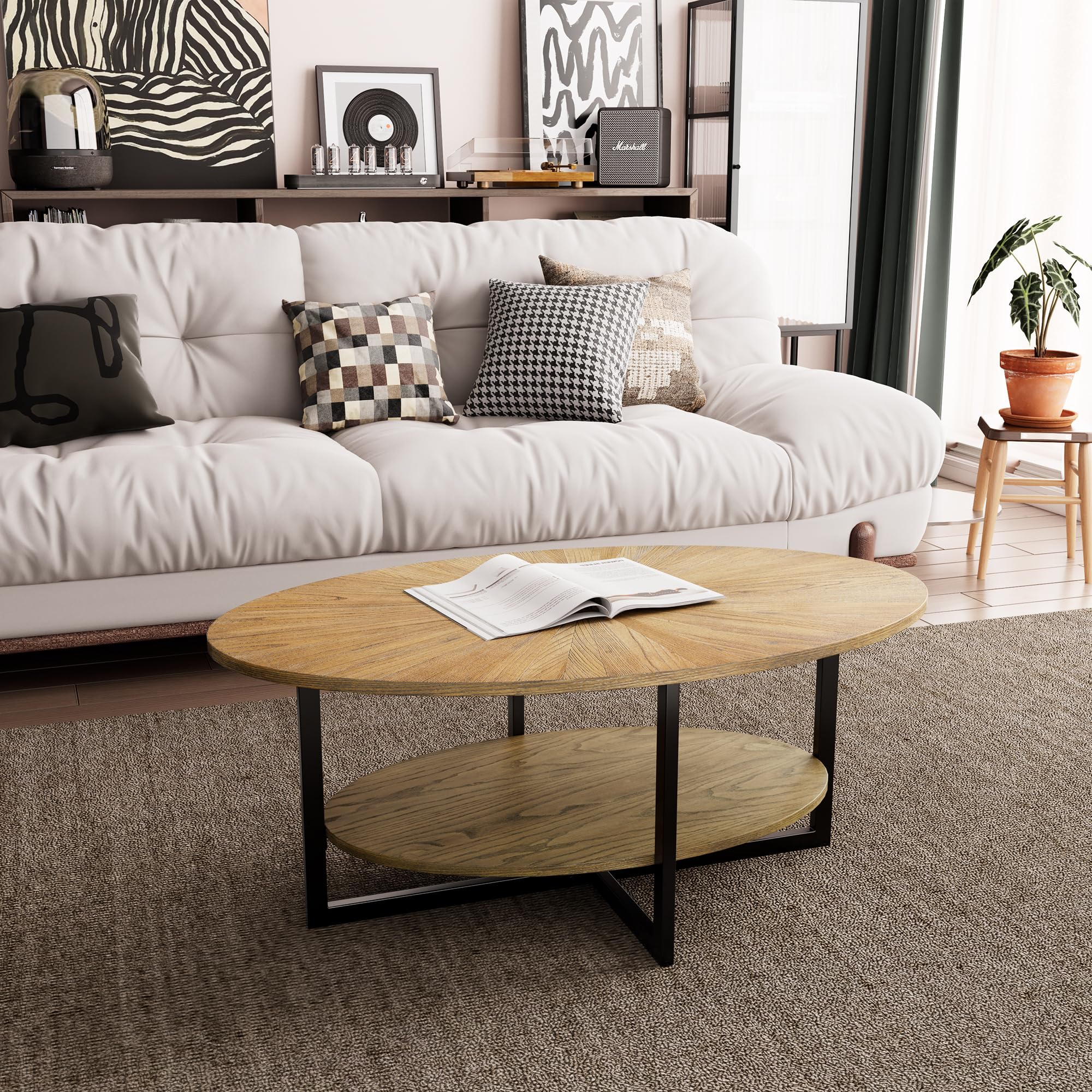 Massivholz Couchtisch rund für 2 Etagen, Ovaler Couchtisch im Modern-vintage Stil, Massivholzplatte & Kreuzförmige Eisenbeine, Kaffeetisch, Wohnzimmertisch, 110 x 66 x 45.5 cm, einfache Montage