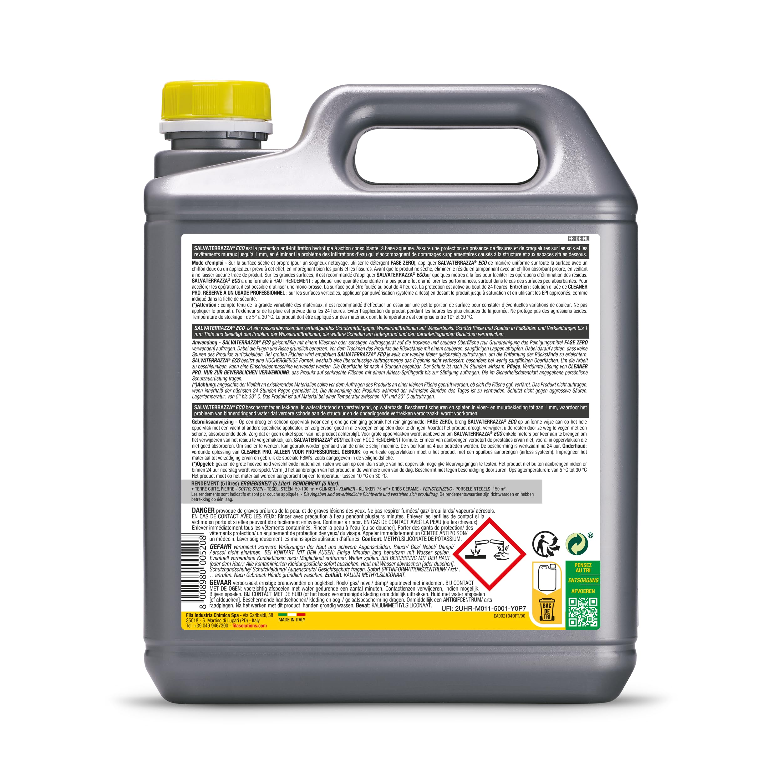 FILA Surface Care Solutions, SALVATERRAZZA ECO, Transparente Wasserdichter Beschichtungsmittel fur Terrassen Fliesen auf Wasserbasis, Konsolidierungseffekt, Auslaufsicher bei Rissen bis zu 1mm, 5L