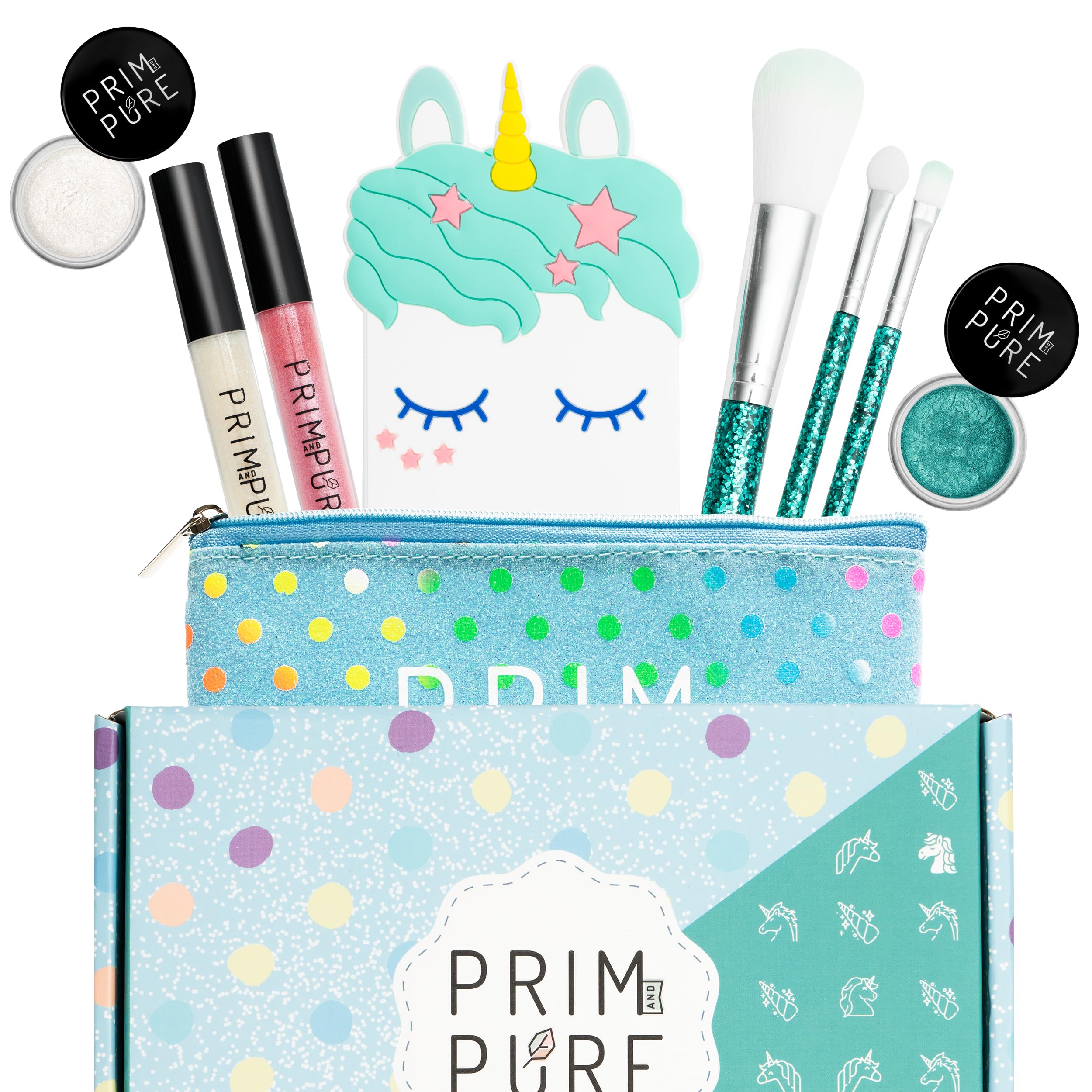 Prim and Pure Mineral Gift Set with Unicorn Mirror| Perfect for Play Dates & Birthday Parties | Kids Eyeshadow Makeup – Mineral | Organic & Natural Makeup Kit for Kids| Made in USA (Blue)